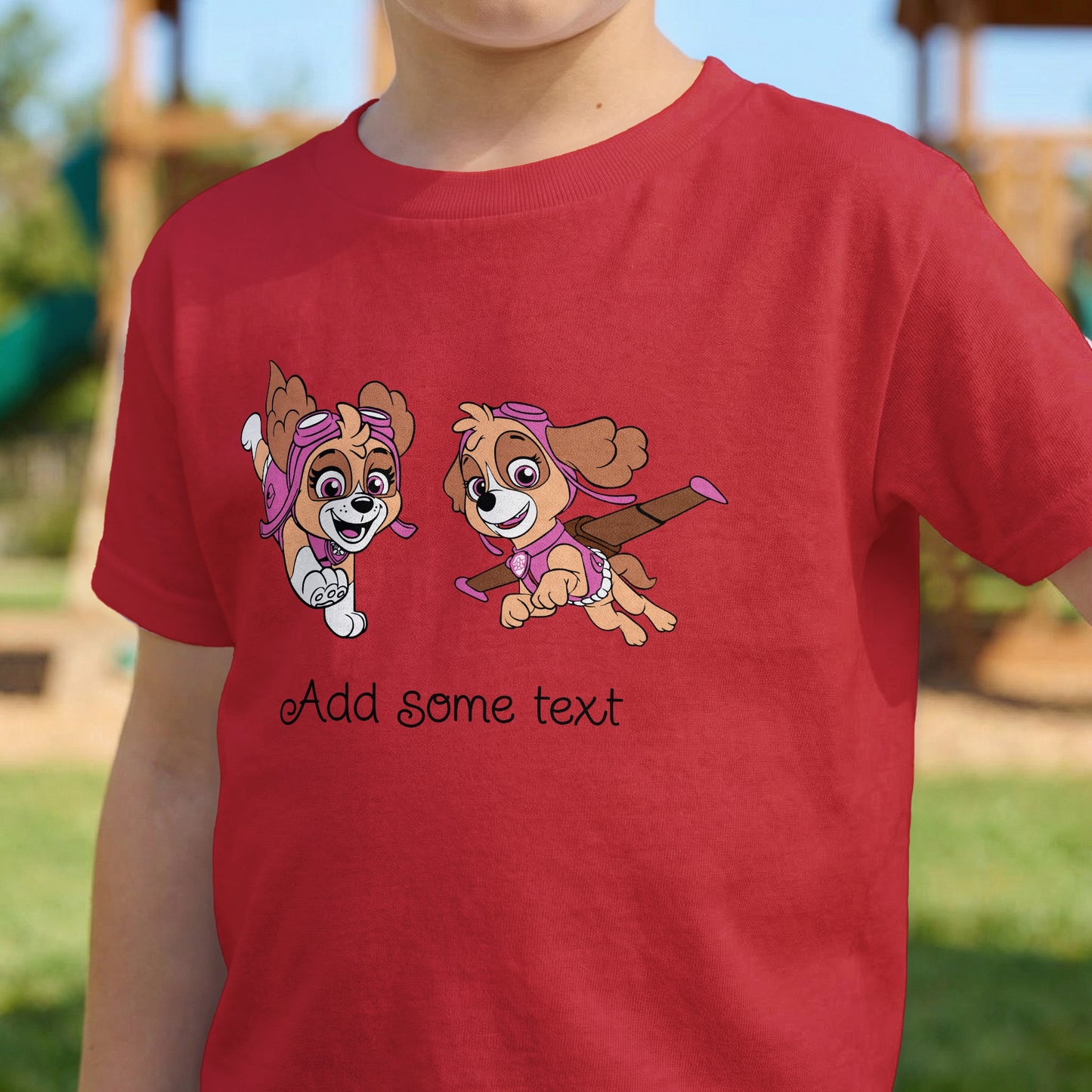 Red t-shirt with cartoon dogs wearing aviator gear and the text "Add some text".