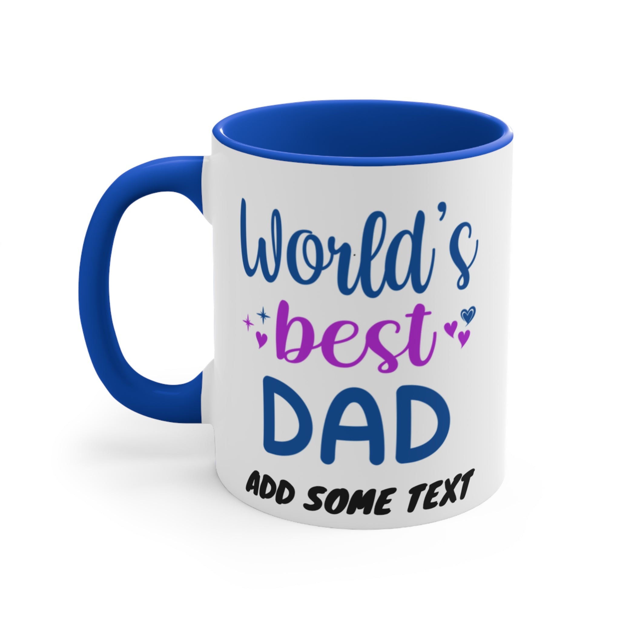 White mug with blue handle and interior, "World's best DAD" text.