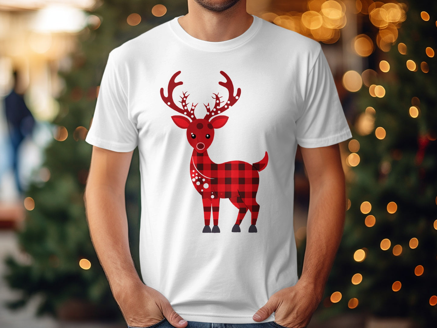 Festive Plaid Reindeer T-Shirt For Holiday Celebrations