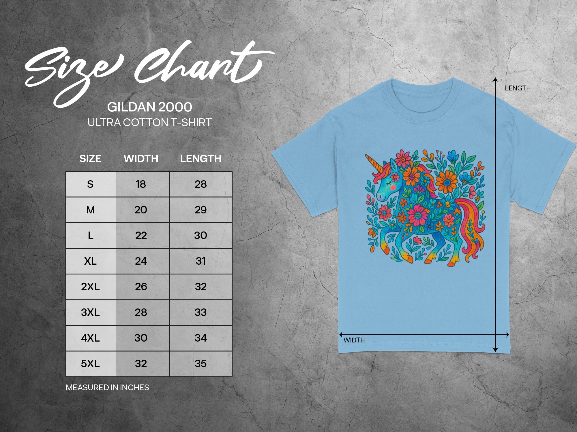 Gildan 2000 Ultra Cotton t-shirt size chart with unicorn graphic.