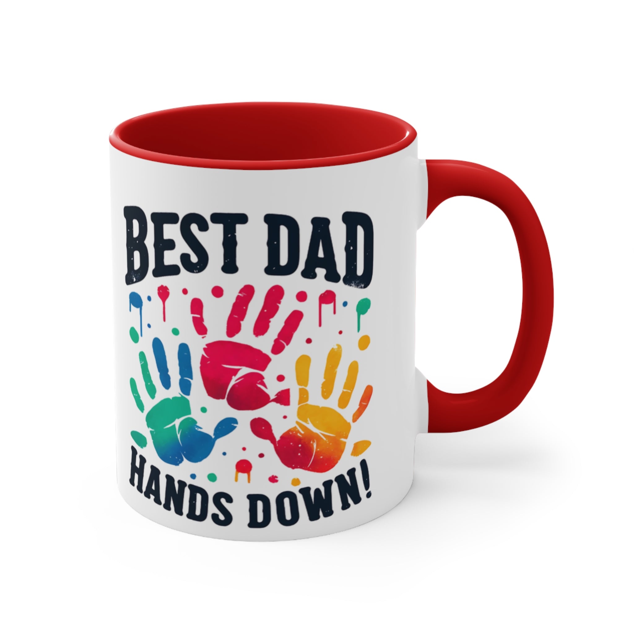 White mug with colorful handprints and "BEST DAD HANDS DOWN!" text.