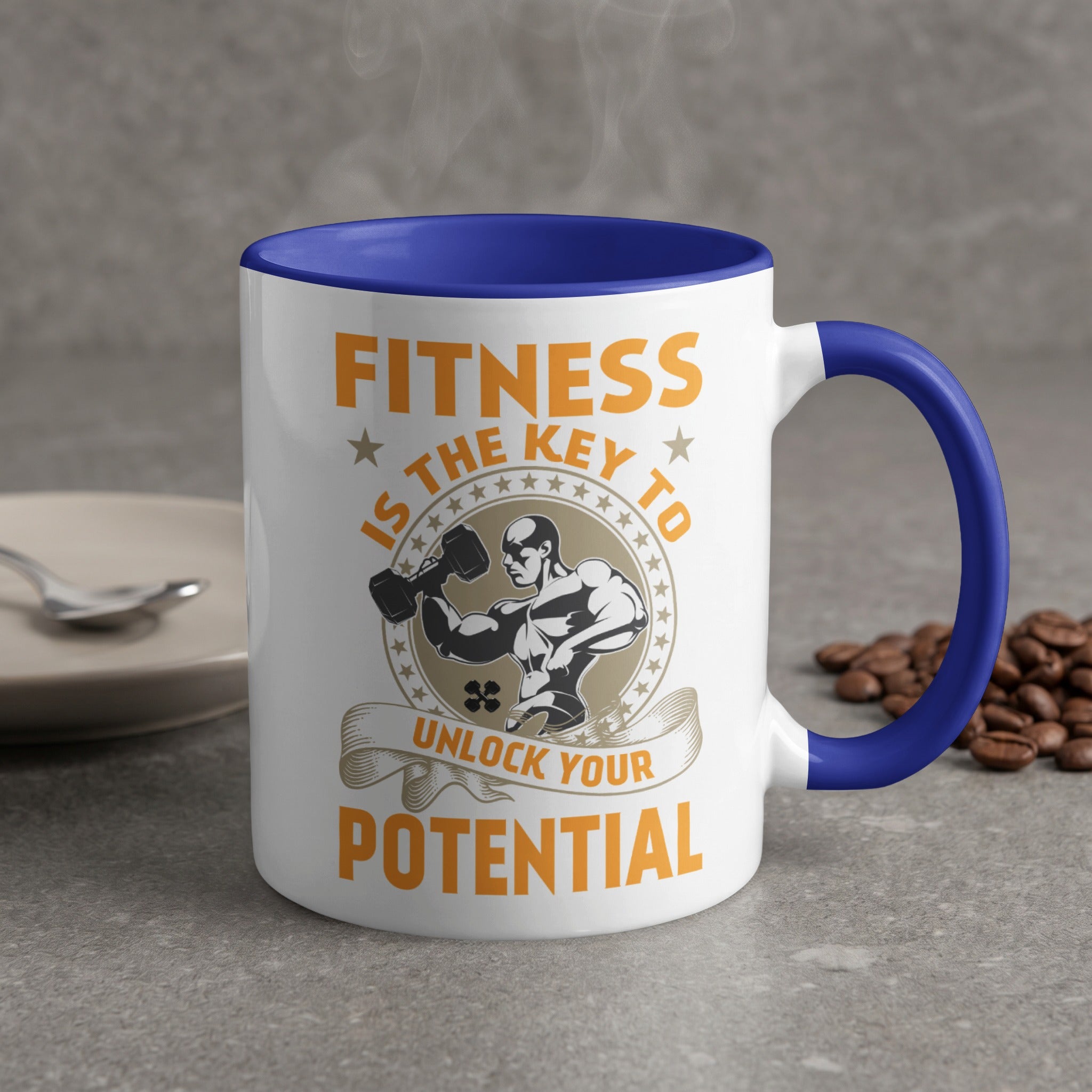 White mug with blue handle featuring "Fitness is the Key to Unlock Your Potential" and a muscular man lifting weights.