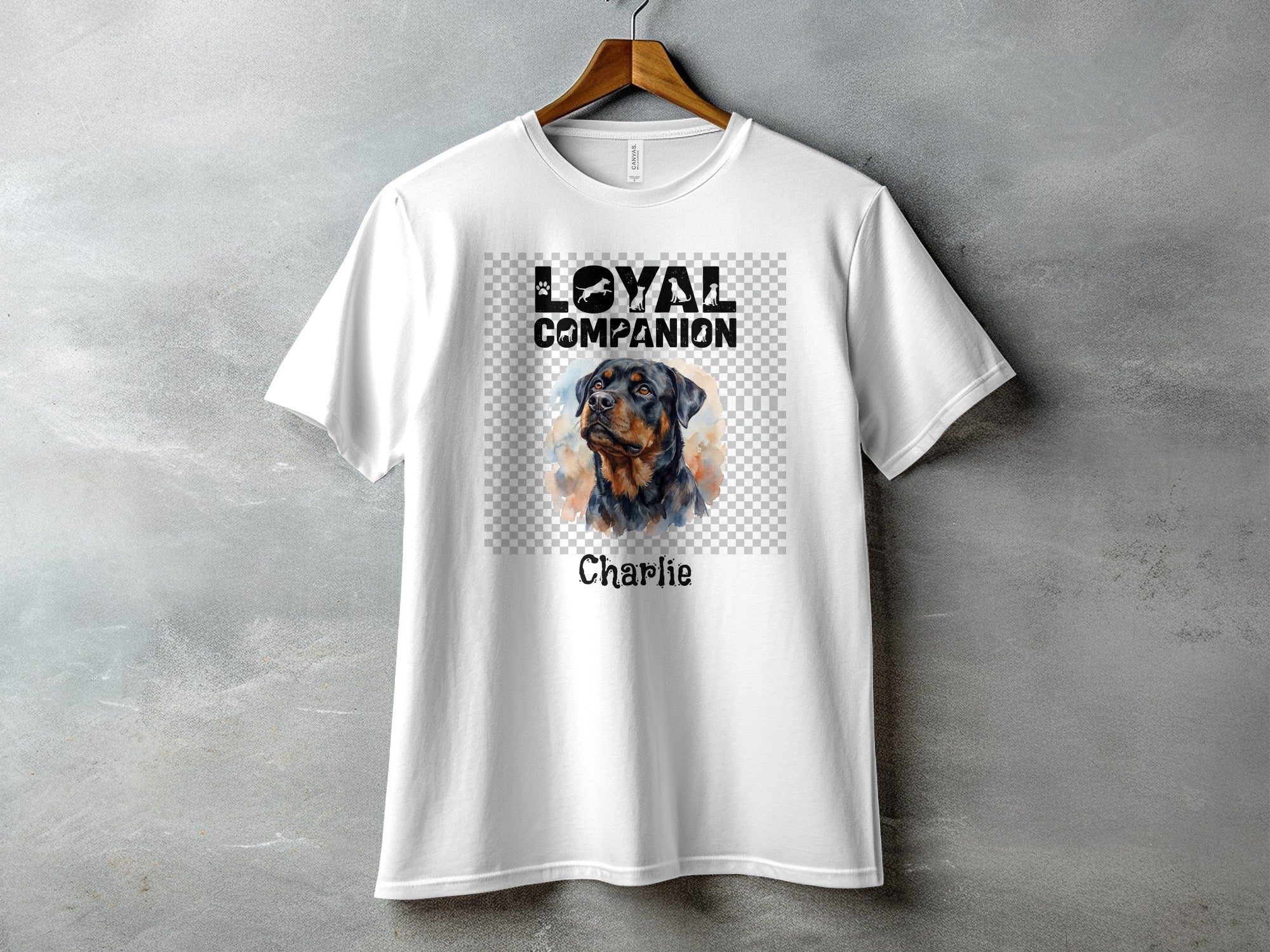 White t-shirt with "Loyal Companion" and a Rottweiler portrait named Charlie.