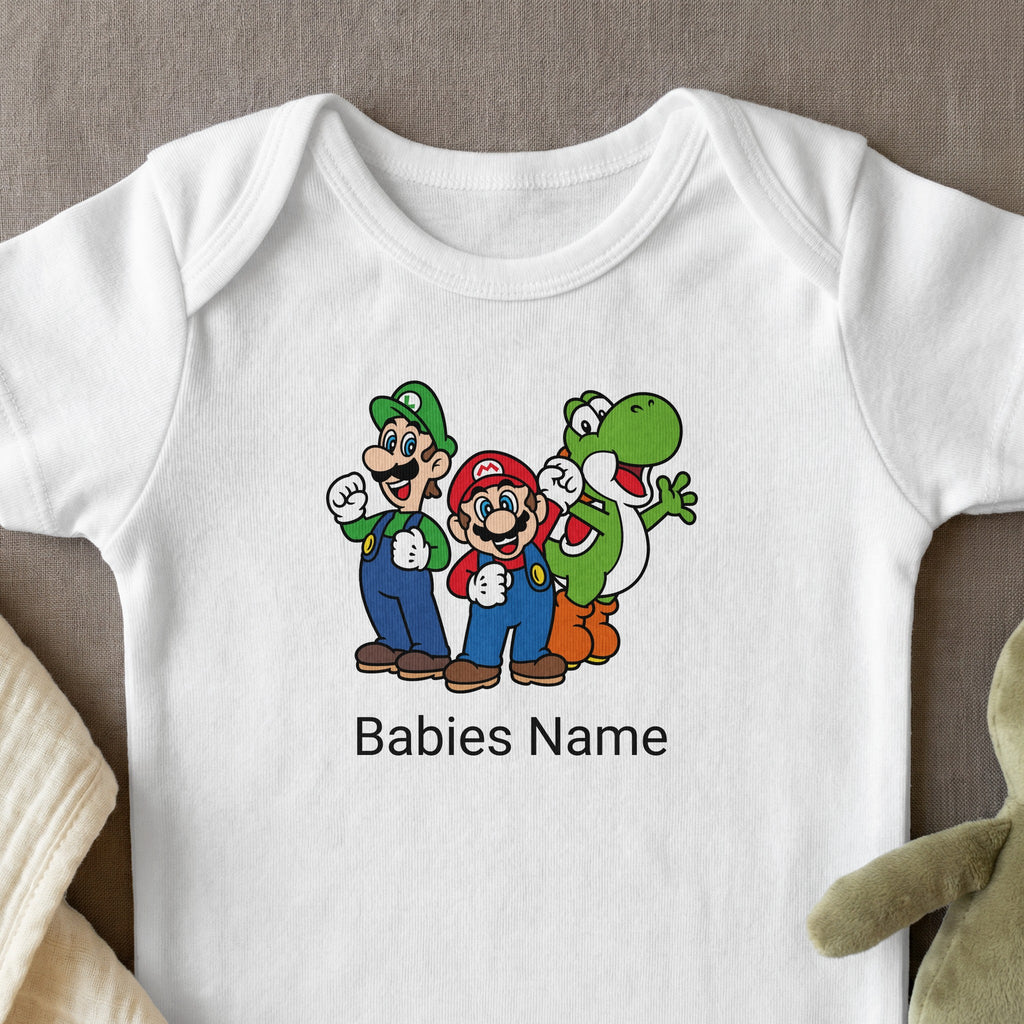 Mario, Luigi, and Yoshi characters with "Babies Name" text on a white baby bodysuit.