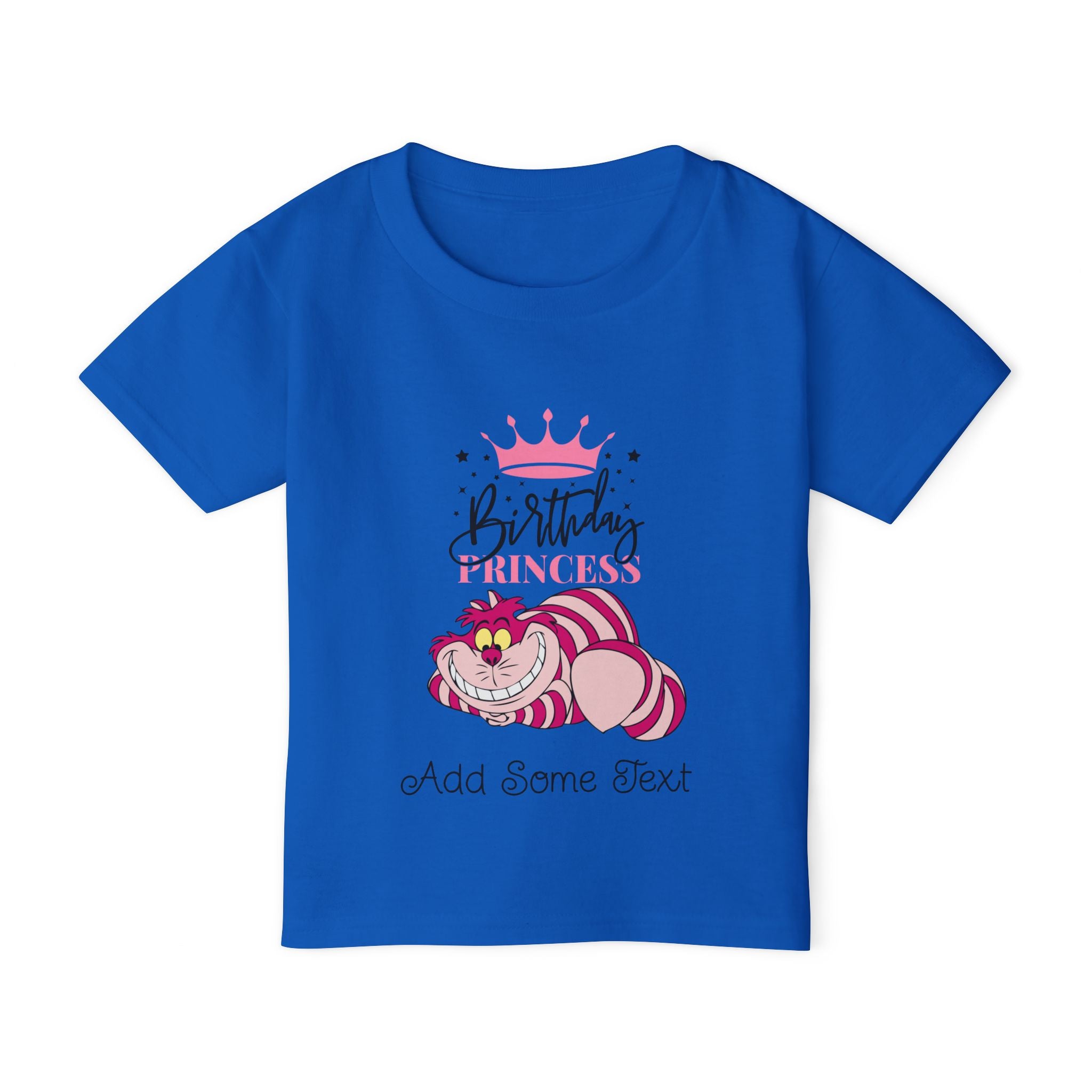 Blue t-shirt with Cheshire Cat, crown, and "Birthday Princess" text.