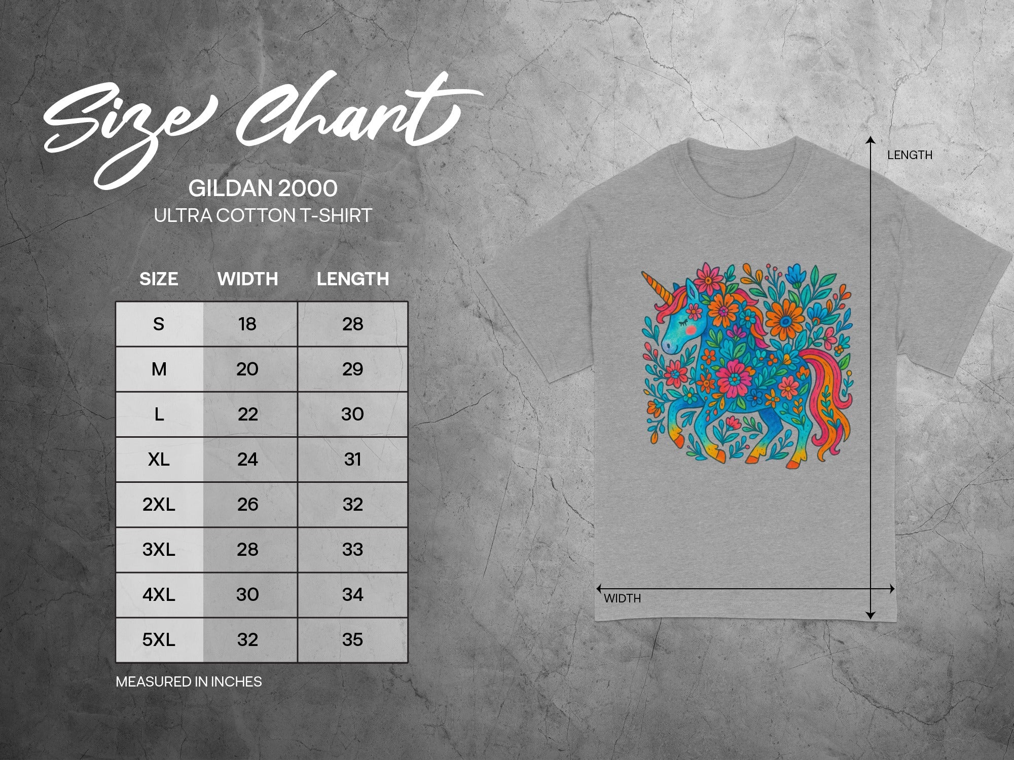 Gildan 2000 Ultra Cotton T-Shirt size chart with unicorn graphic.