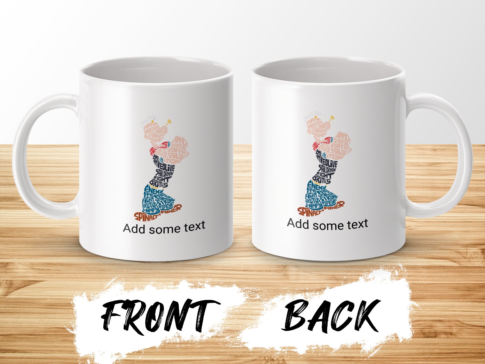 Mug with Popeye characters and spinach, front and back views.