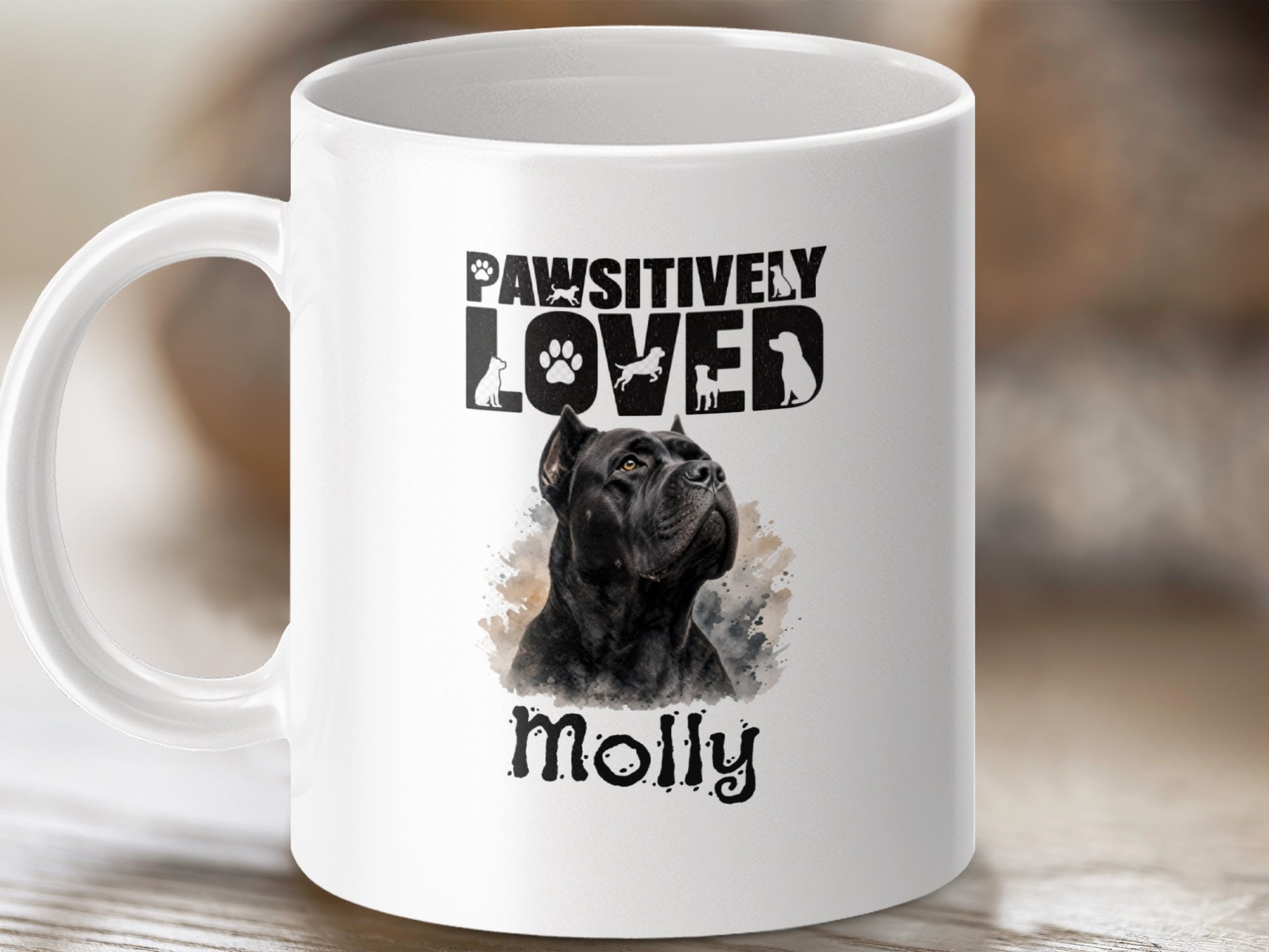 Mug with black dog art and "Pawsitively Loved Molly" text.