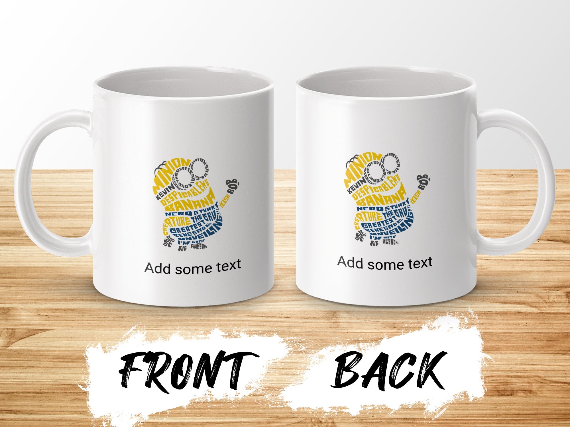 Minion-shaped text design on white mugs, front and back views.