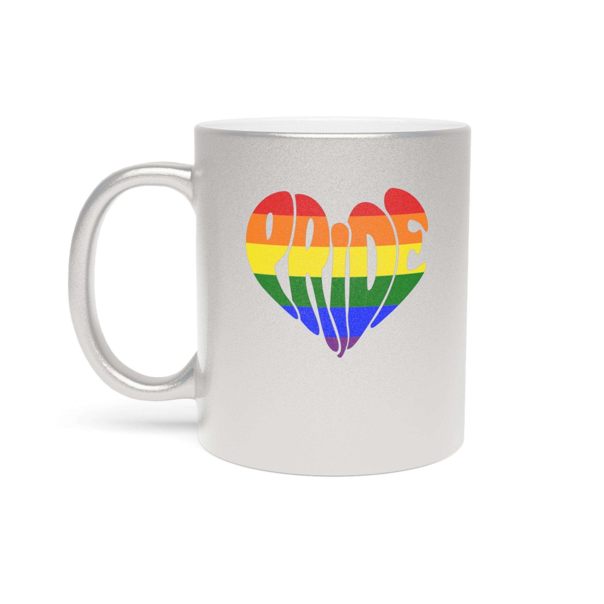 Silver mug with rainbow pride heart logo.