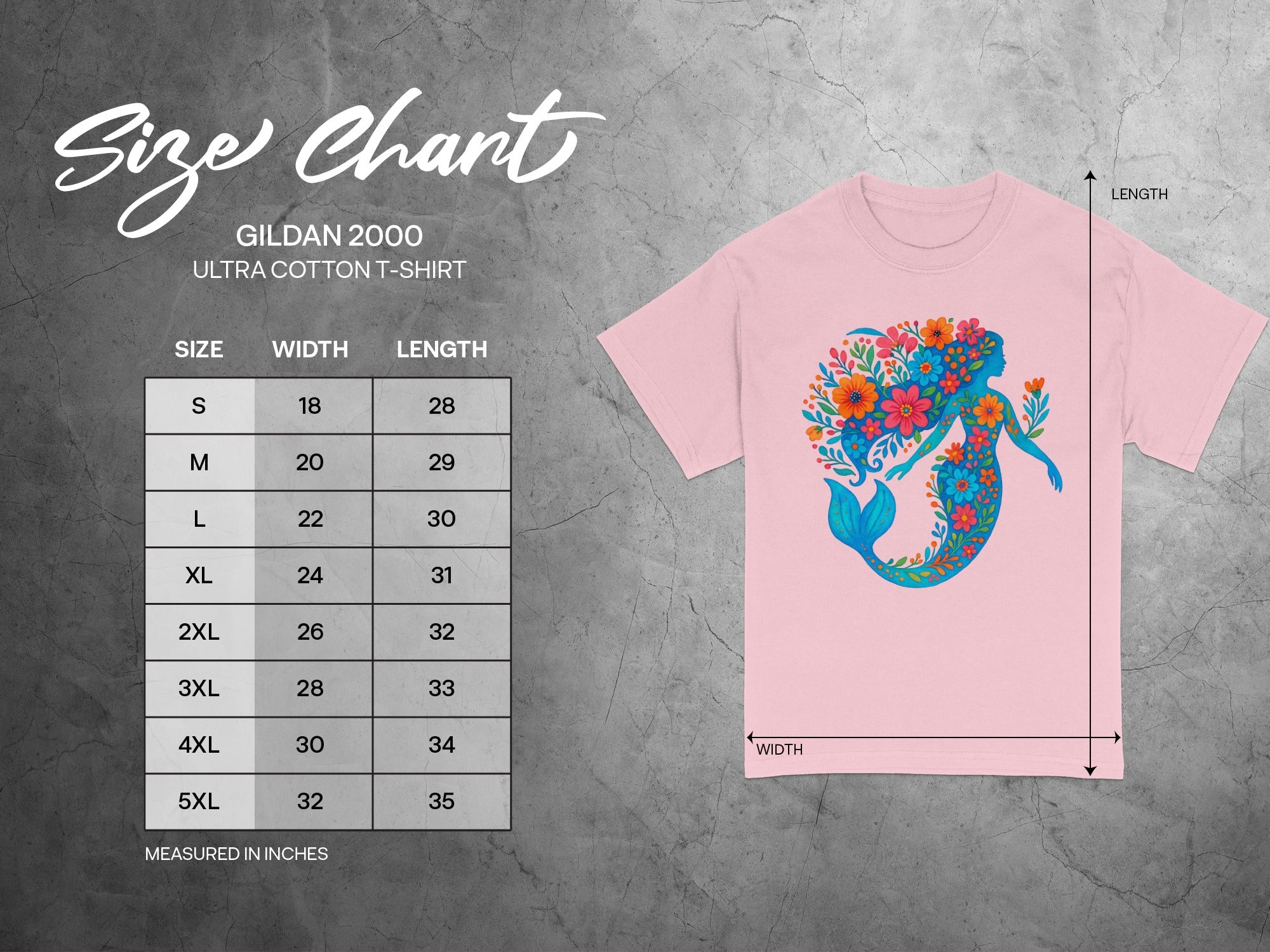 Gildan 2000 Ultra Cotton t-shirt size chart with measurements in inches.