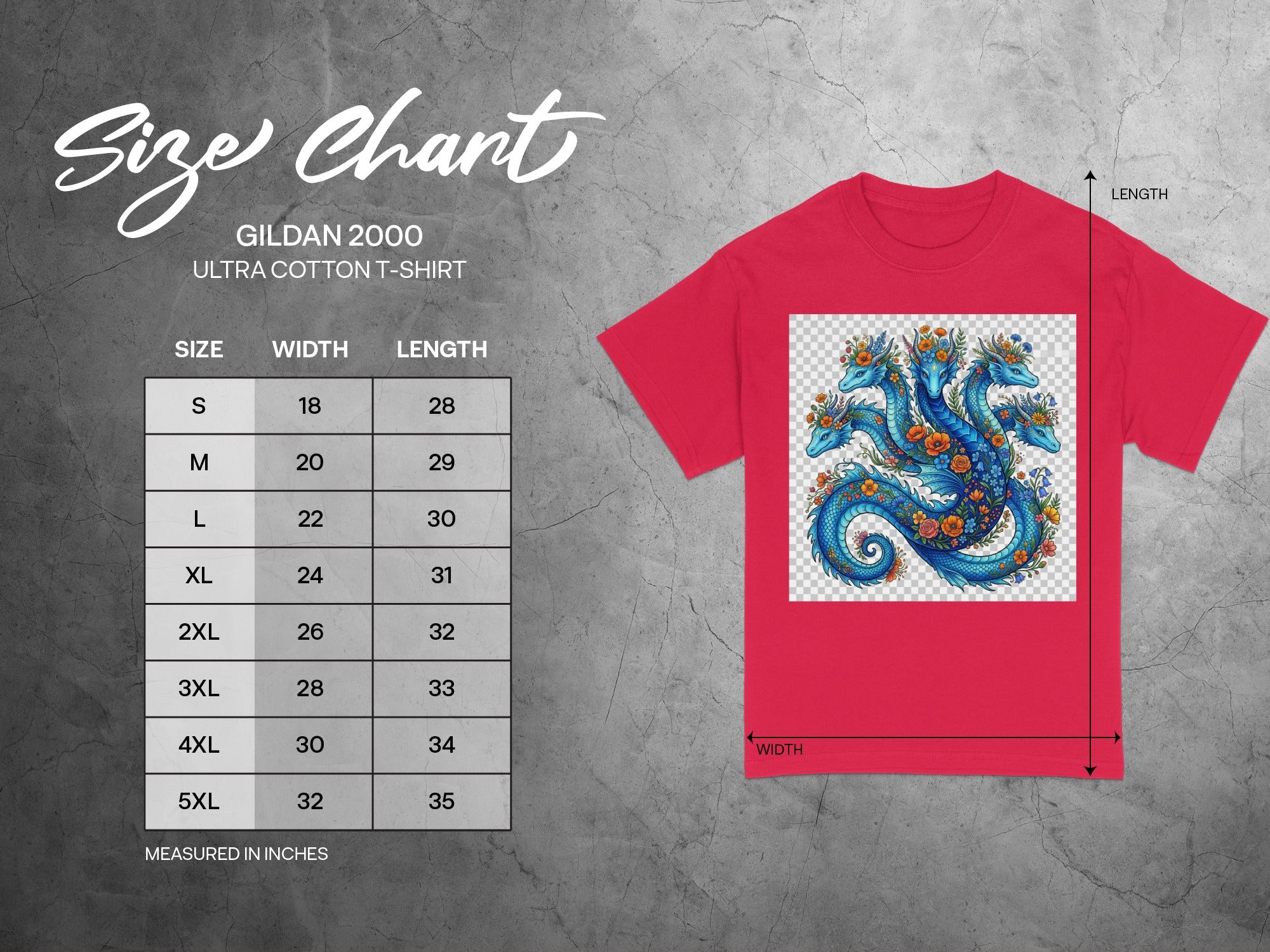 Gildan 2000 Ultra Cotton t-shirt size chart with a blue dragon graphic.
