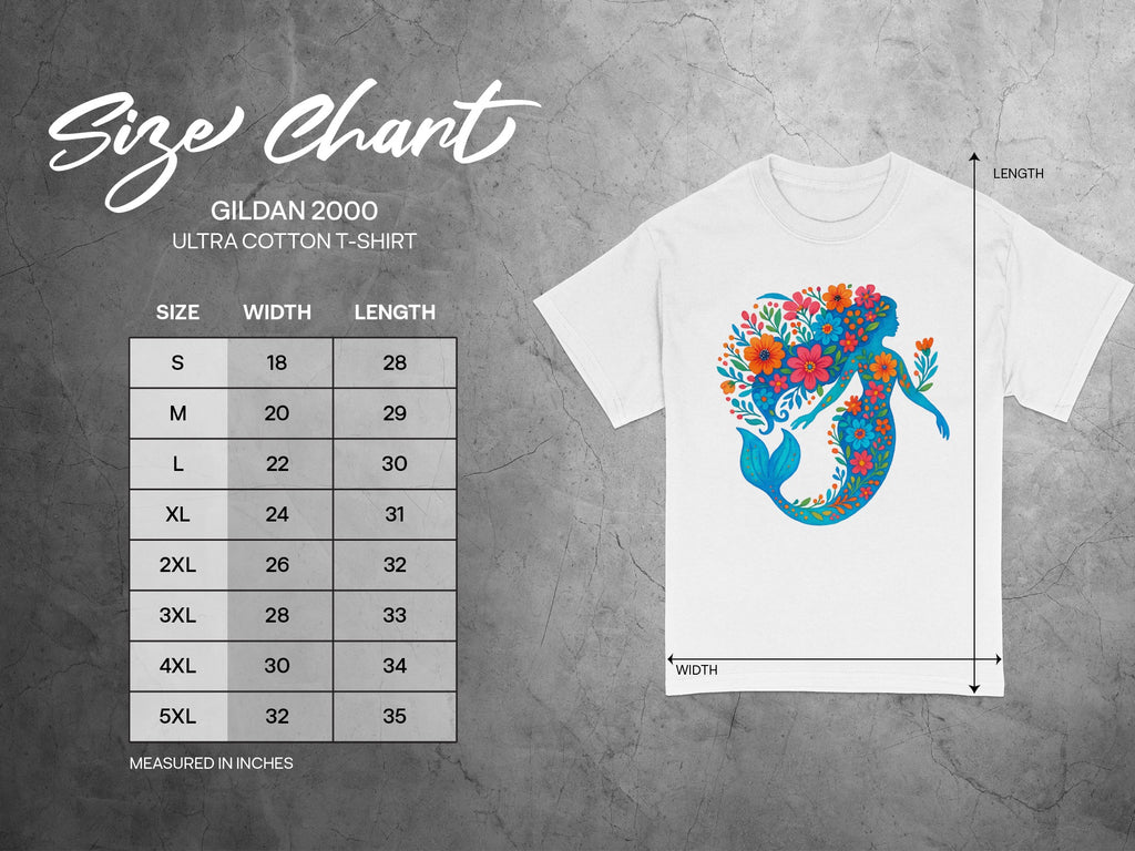 Gildan 2000 Ultra Cotton T-shirt size chart with mermaid graphic.