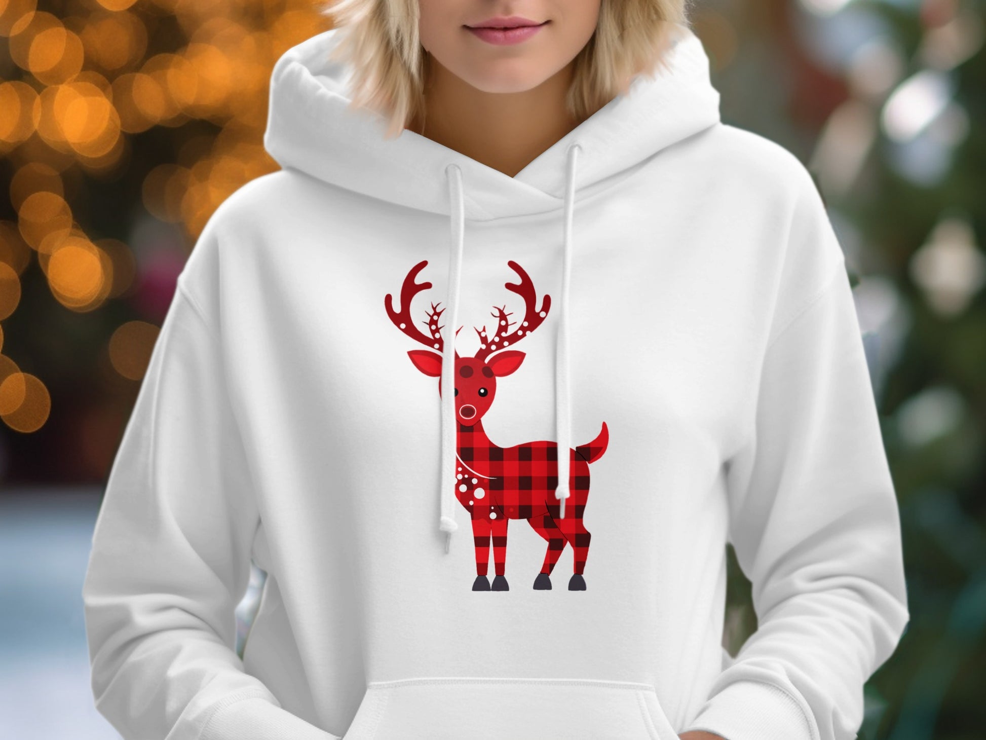 Festive Red Plaid Reindeer Design Hoodie