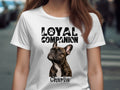 White t-shirt with "Loyal Companion" text, dog silhouettes, and a brindle French bulldog named Charlie.