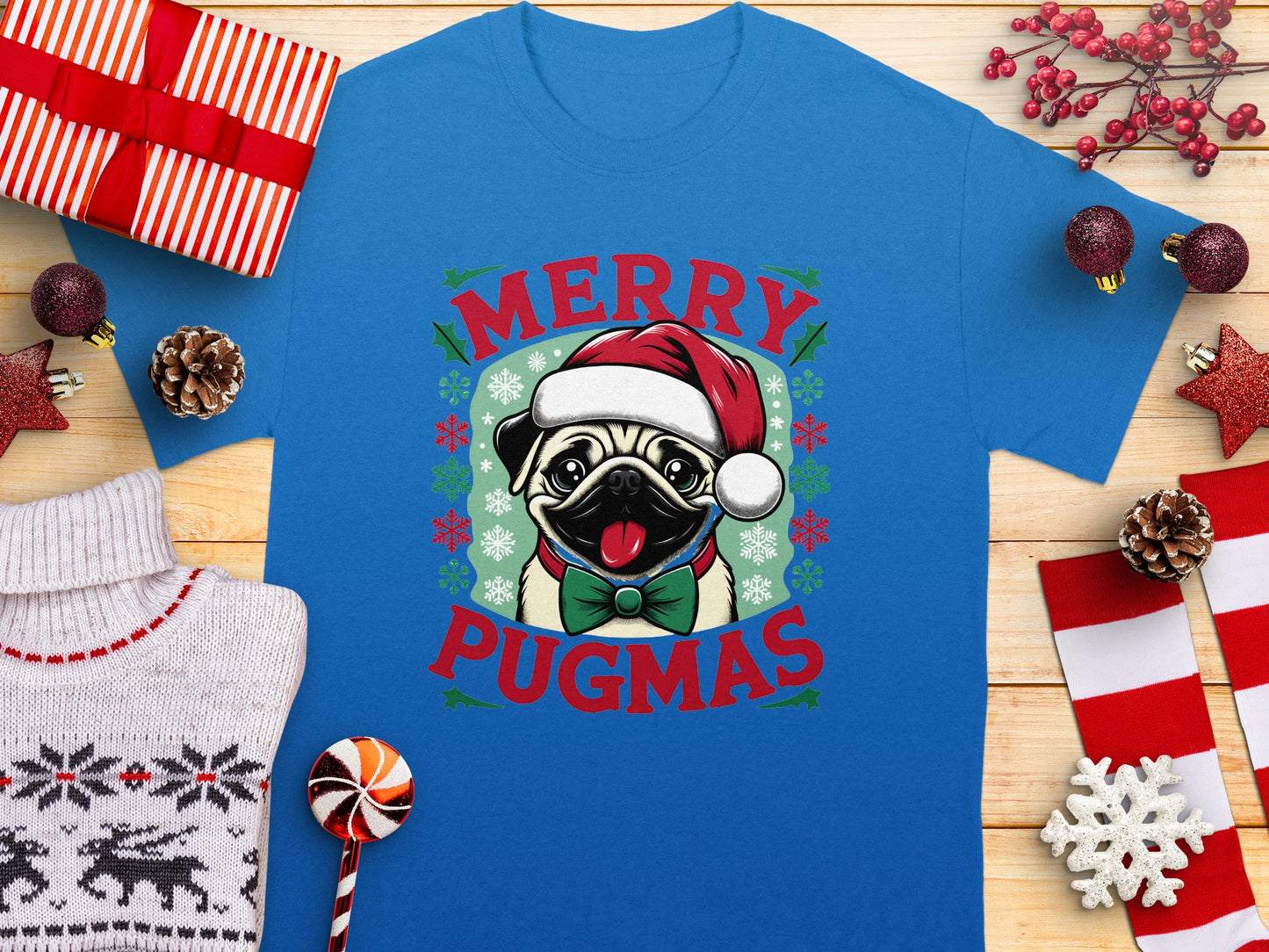 Festive Merry Pugmas Christmas Theme T-shirt