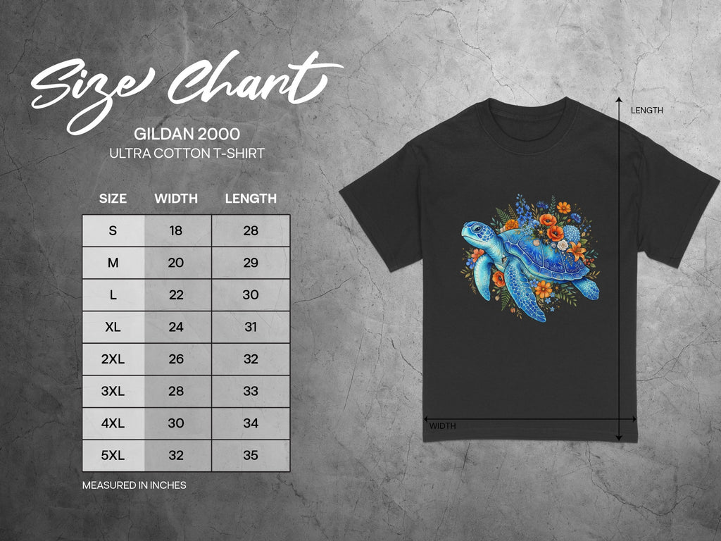 Gildan 2000 Ultra Cotton t-shirt size chart with blue turtle graphic.
