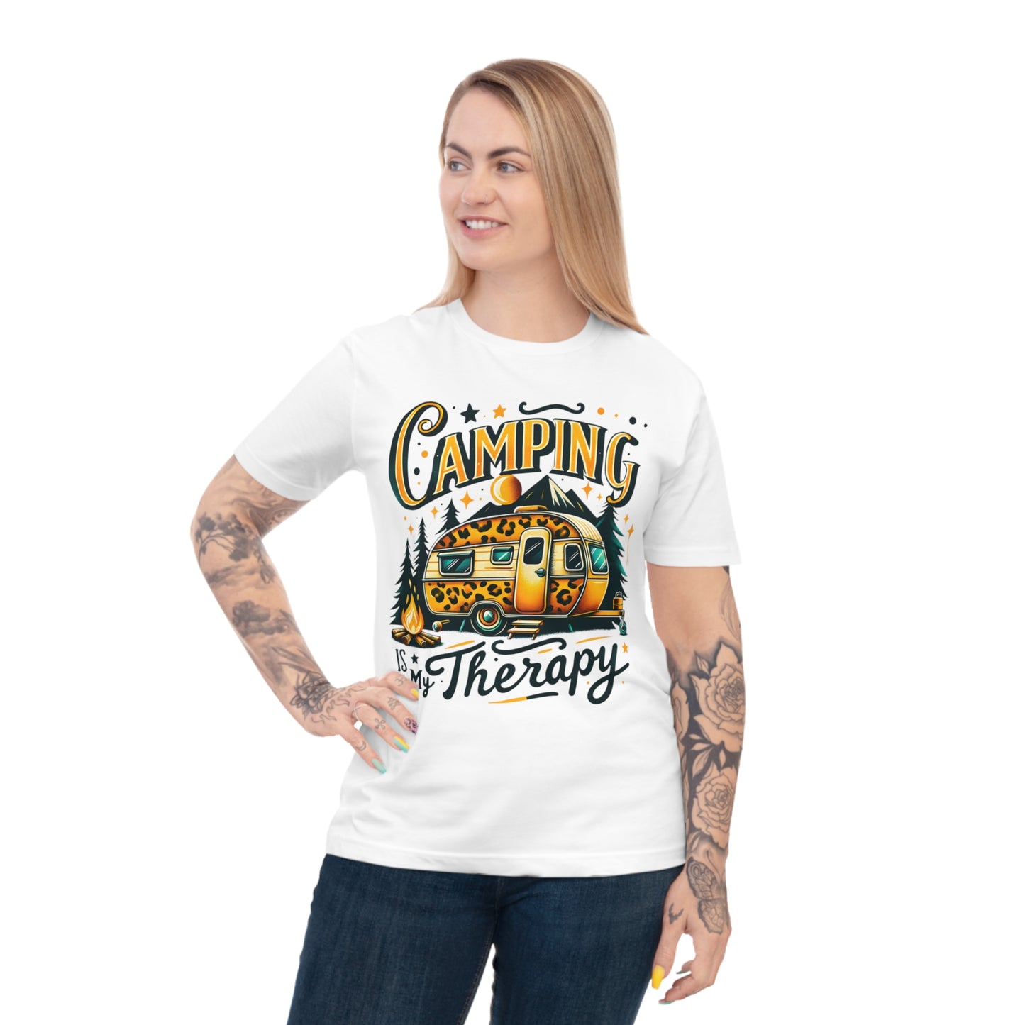 White t-shirt with graphic: "CAMPING IS MY Therapy" and leopard print trailer.