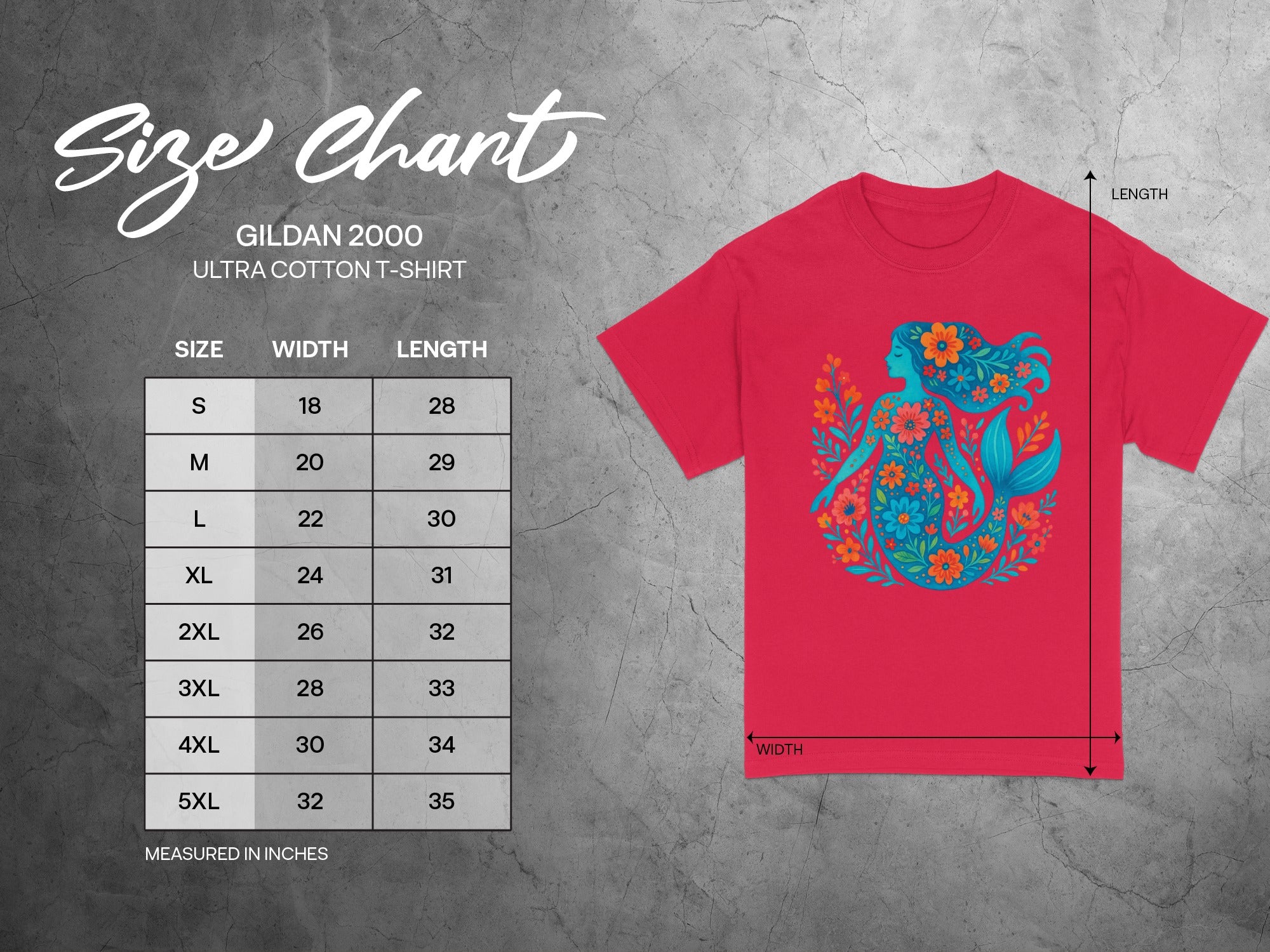 Gildan 2000 Ultra Cotton T-shirt size chart with mermaid graphic.