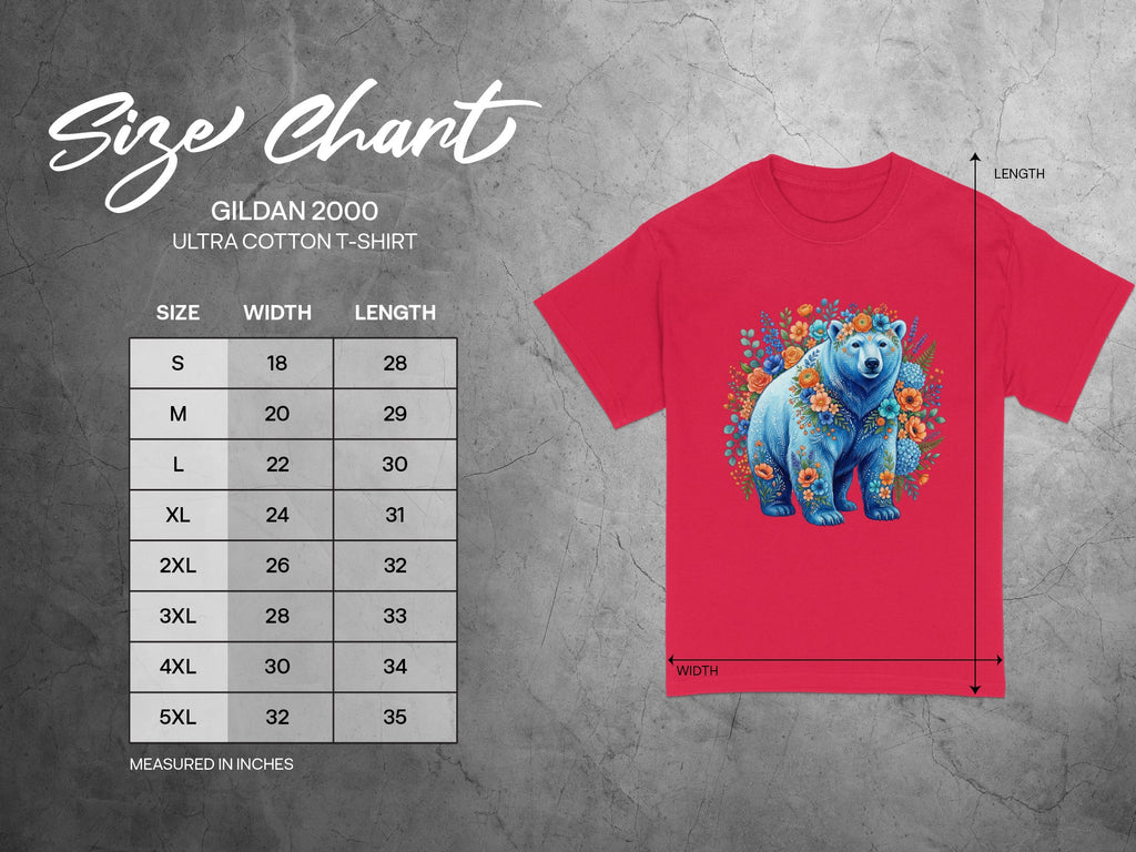 Gildan 2000 t-shirt size chart with measurements in inches.
