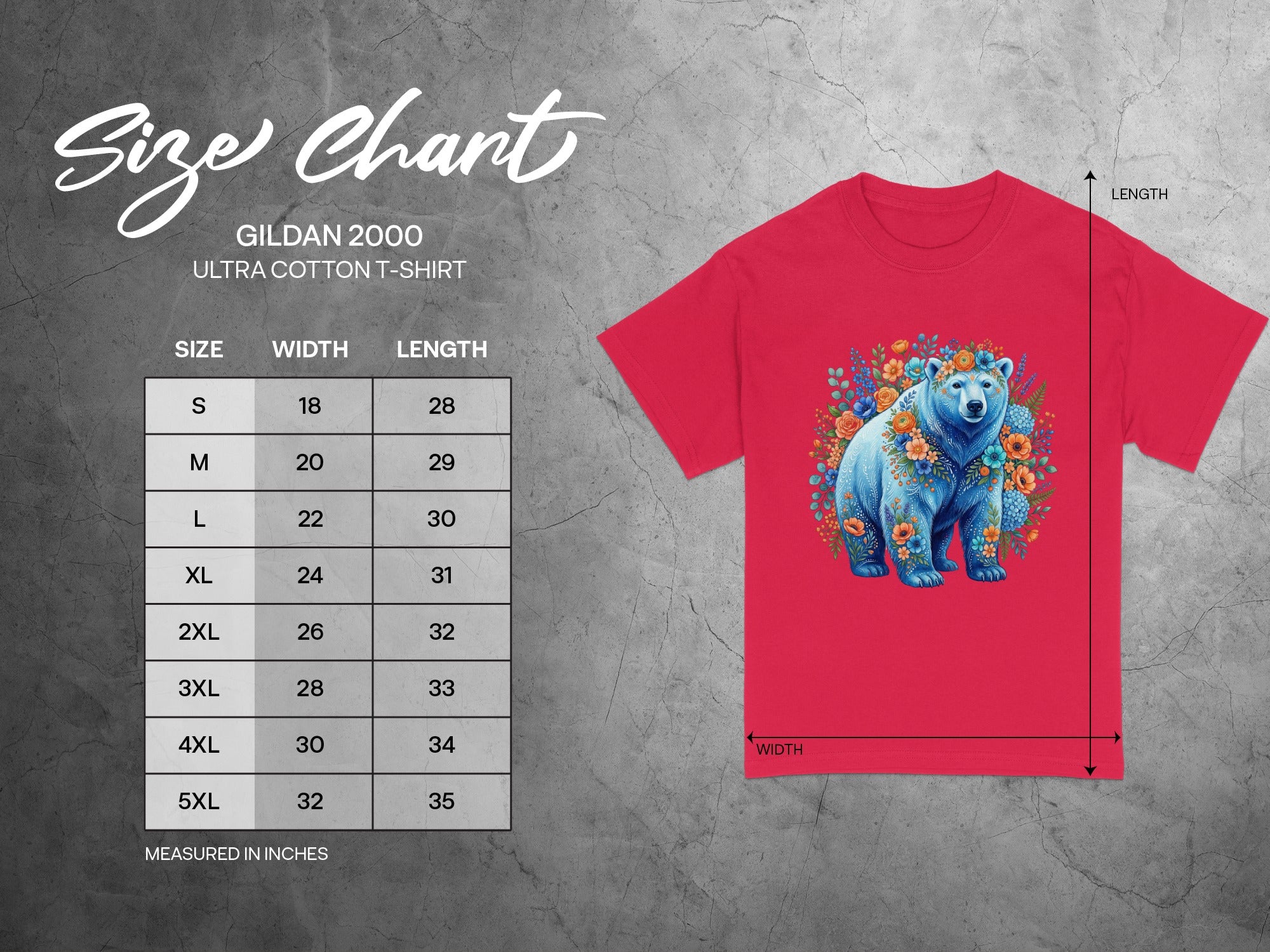 Gildan 2000 t-shirt size chart with measurements in inches.