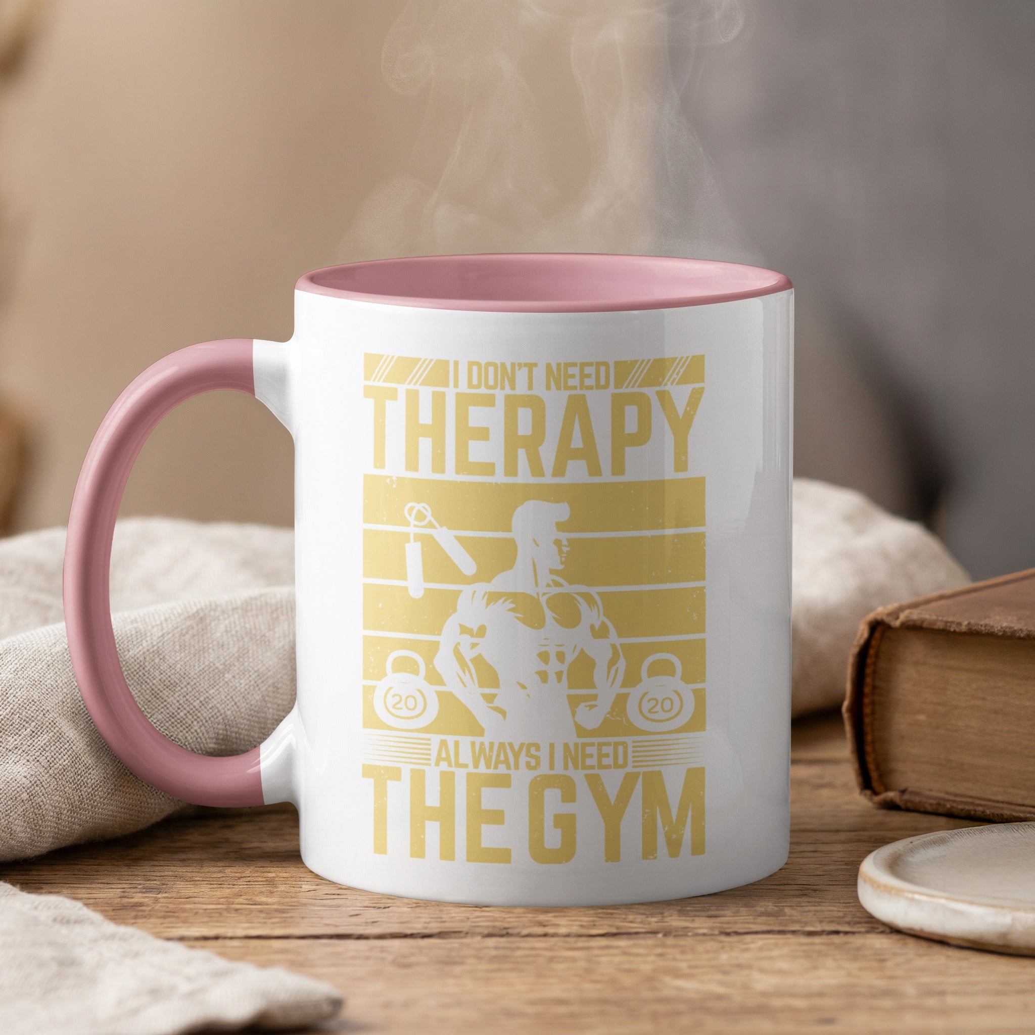 Mug with "I don't need therapy, always I need the gym" text and bodybuilding graphic.