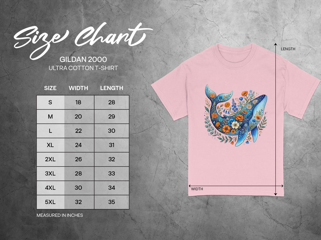 Gildan 2000 Ultra Cotton T-Shirt size chart with width and length measurements in inches.