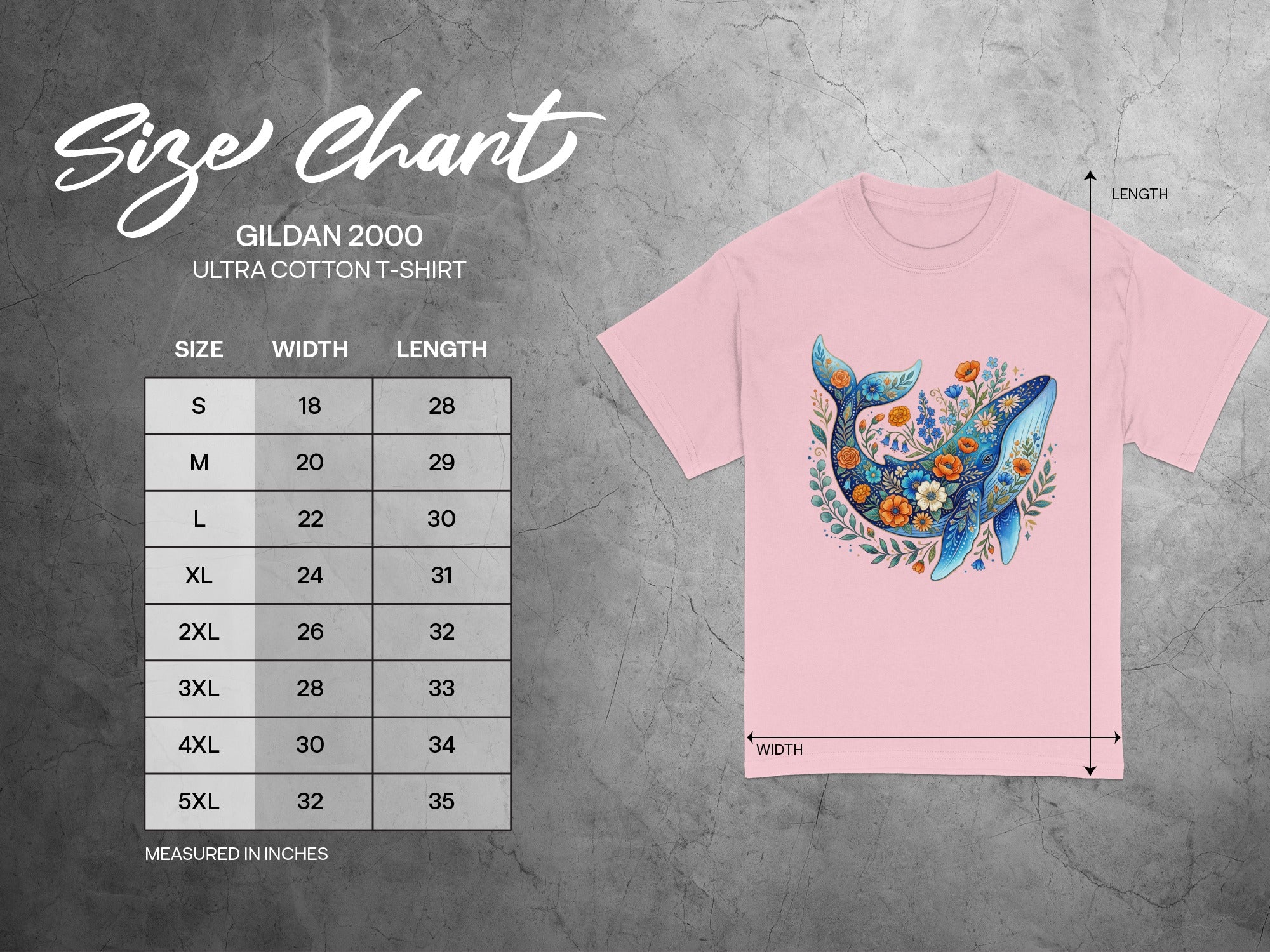 Gildan 2000 Ultra Cotton T-Shirt size chart with width and length measurements in inches.