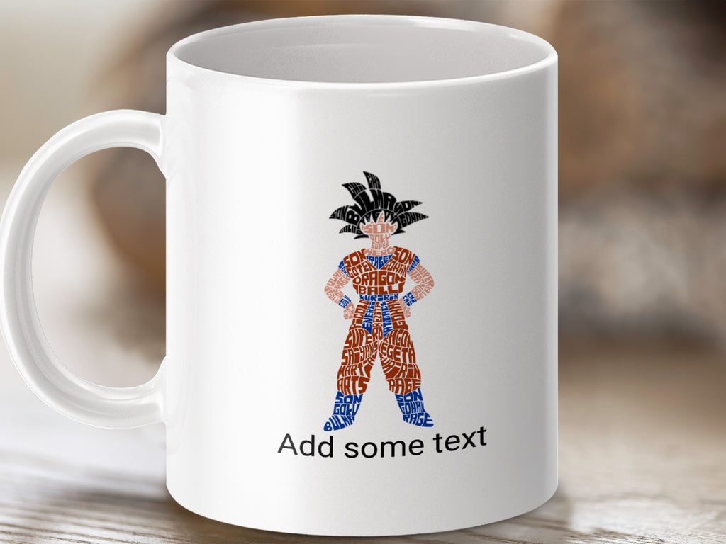 Goku formed from Dragon Ball Z words on a white mug.