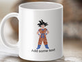 Goku formed from Dragon Ball Z words on a white mug.