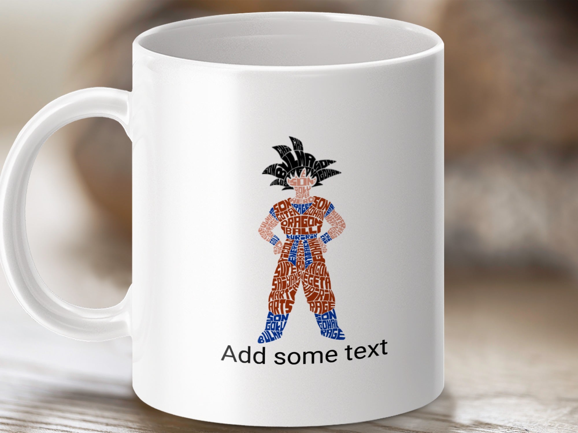 Goku formed from Dragon Ball Z words on a white mug.