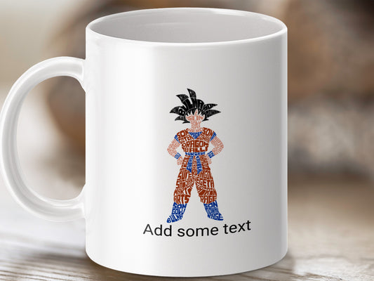 Goku formed from Dragon Ball Z words on a white mug.