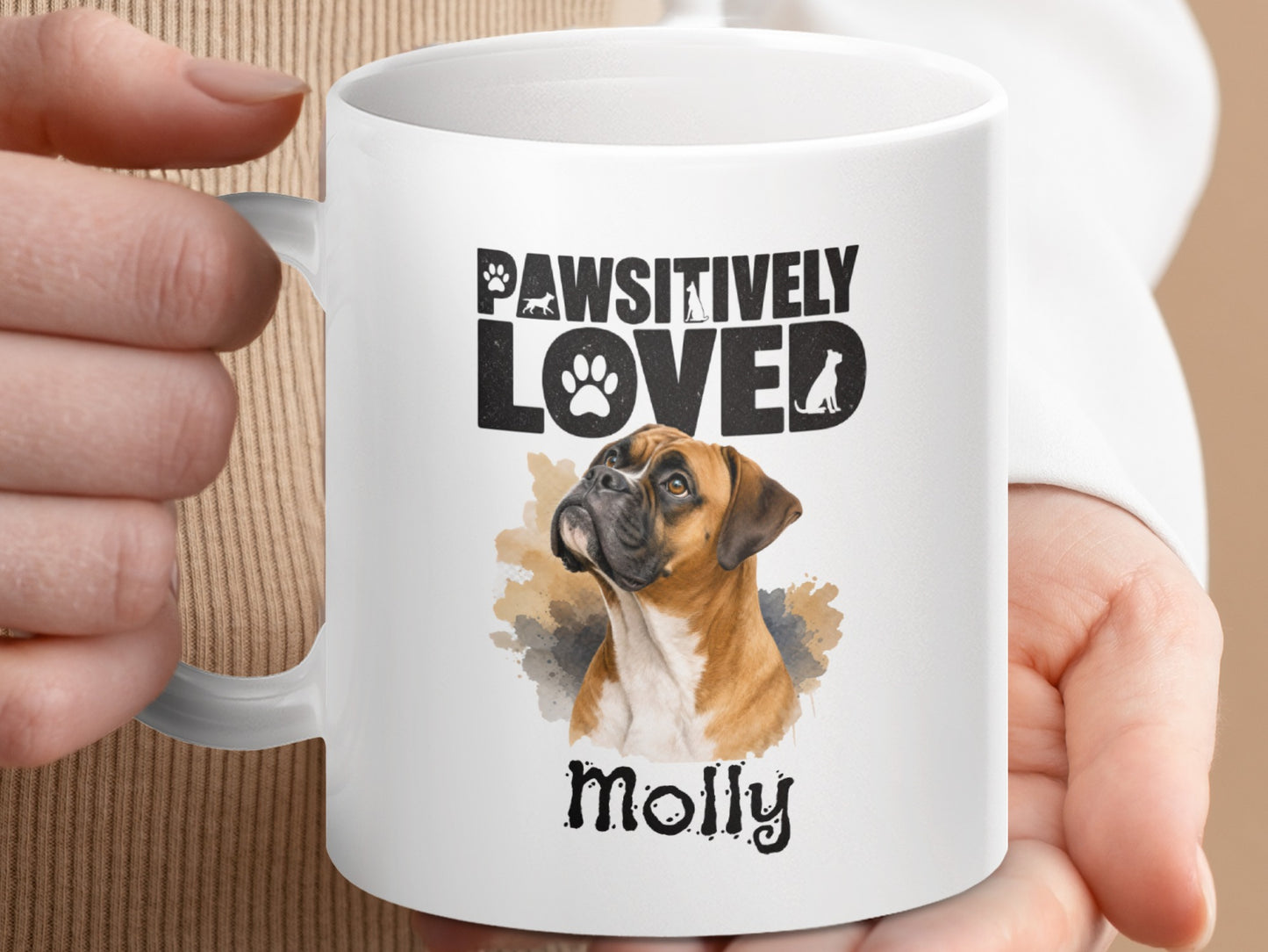 White mug with a boxer dog portrait and "PAWSITIVELY LOVED Molly."
