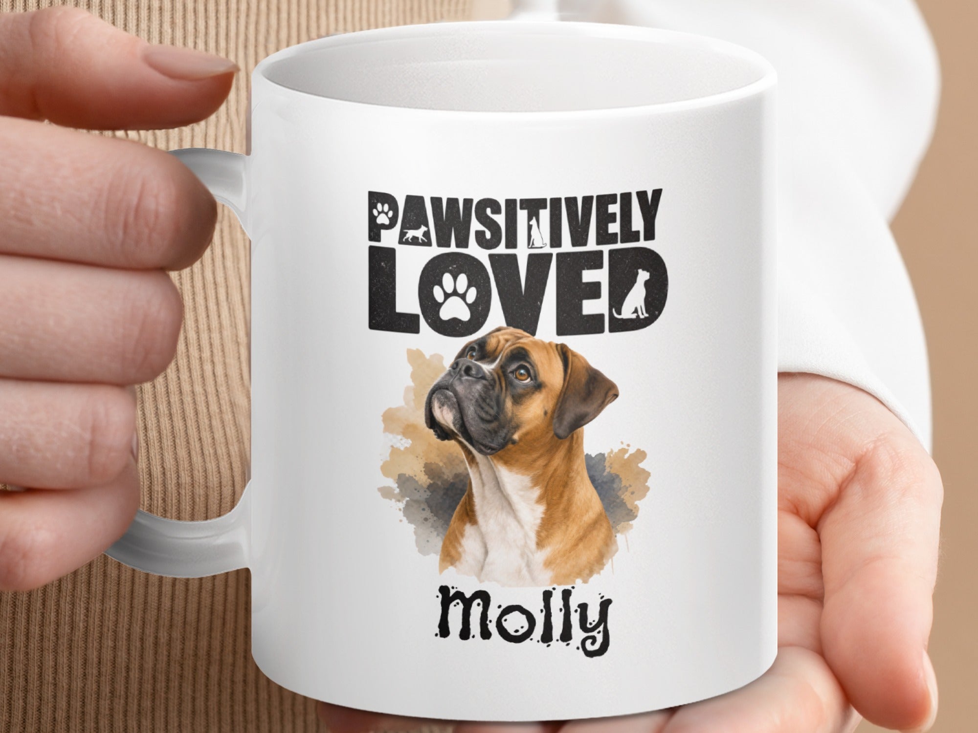 White mug with a boxer dog portrait and "PAWSITIVELY LOVED Molly."