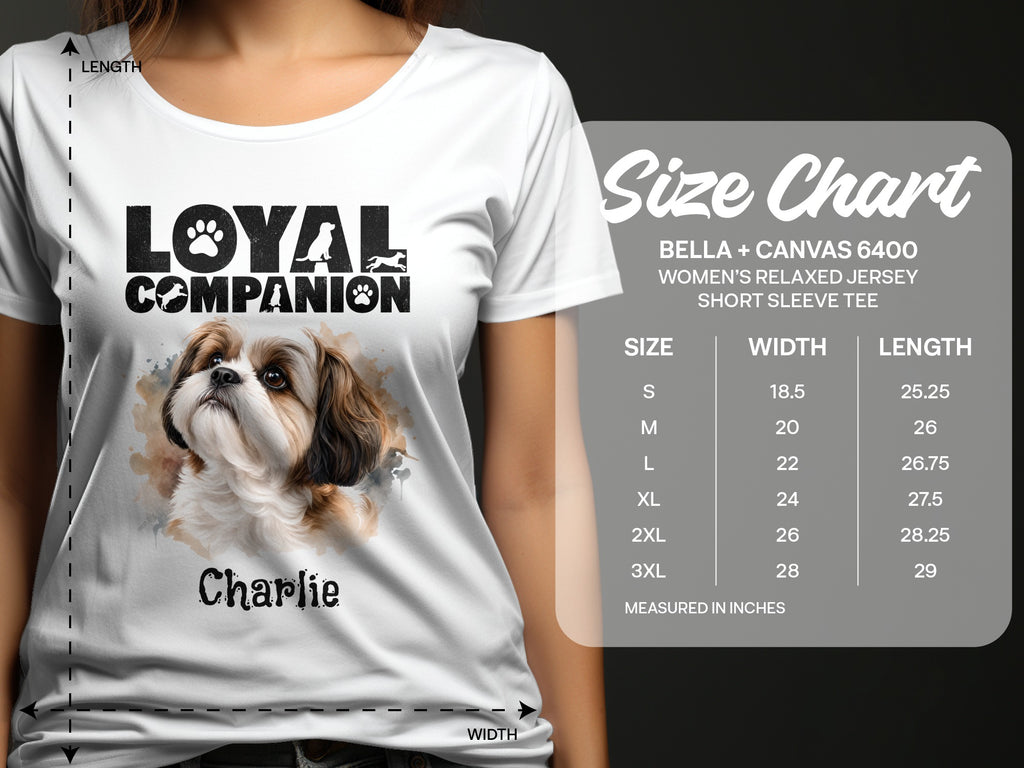 White t-shirt with "Loyal Companion" text, dog illustration, and size chart.