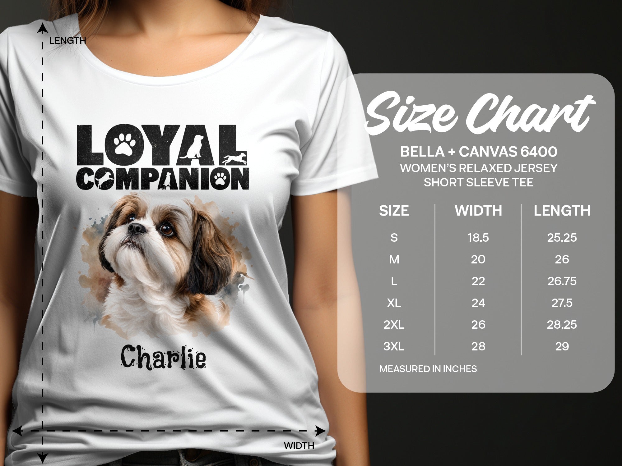 White t-shirt with "Loyal Companion" text, dog illustration, and size chart.