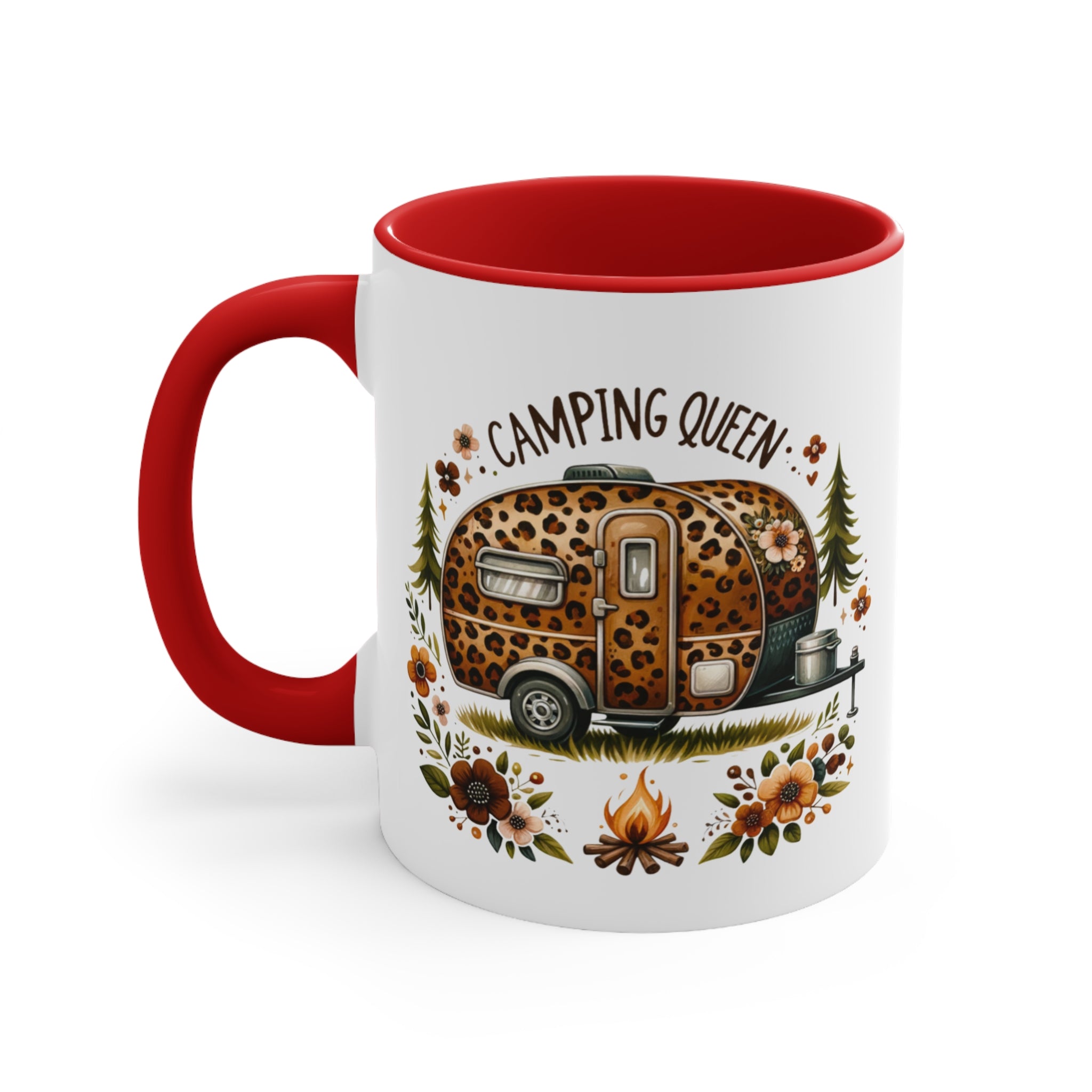 White mug with red interior and handle, featuring a leopard print camper and "CAMPING QUEEN" text.