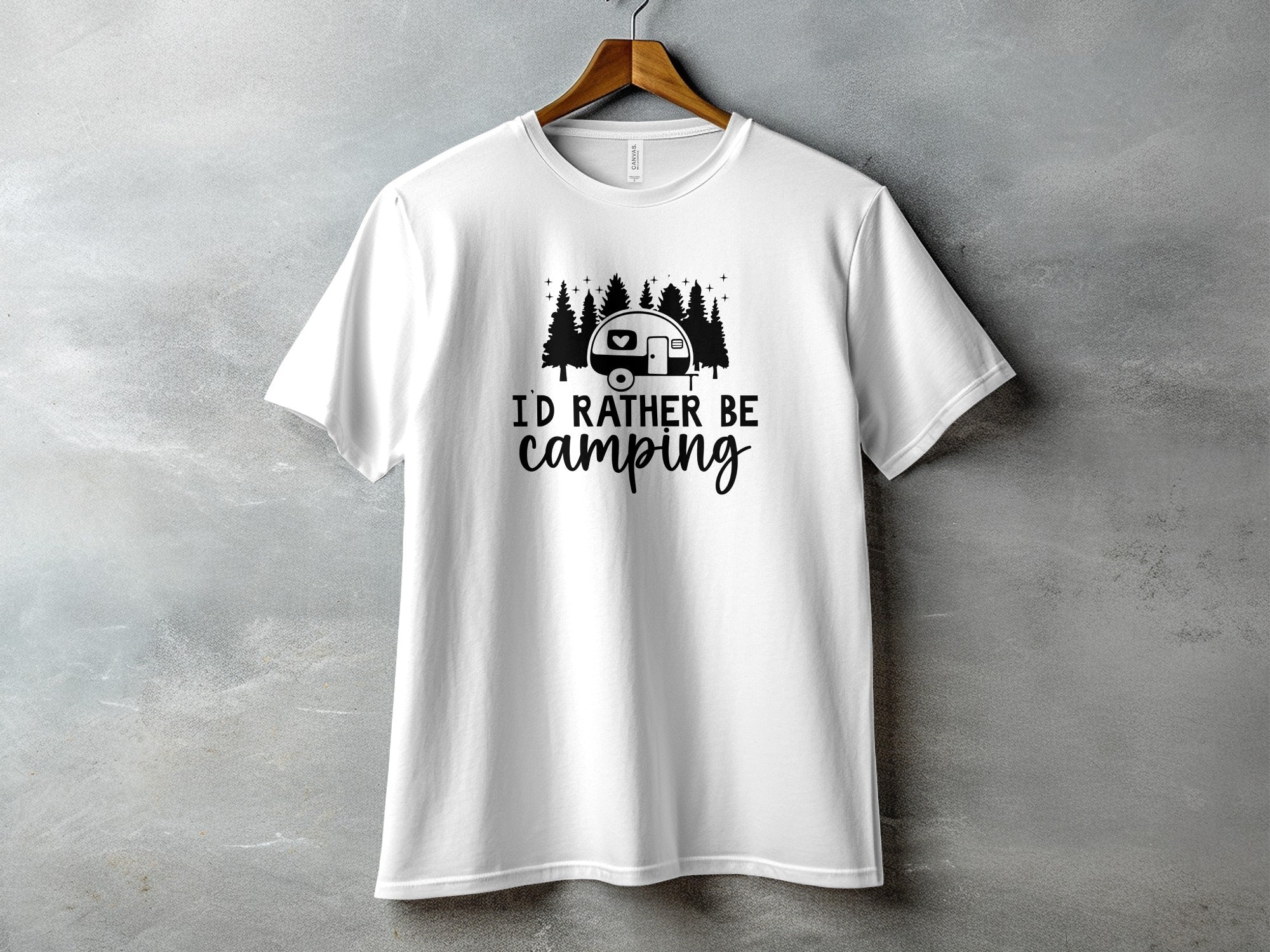 White t-shirt with black graphic of a camper, trees, and text "I'd rather be camping".