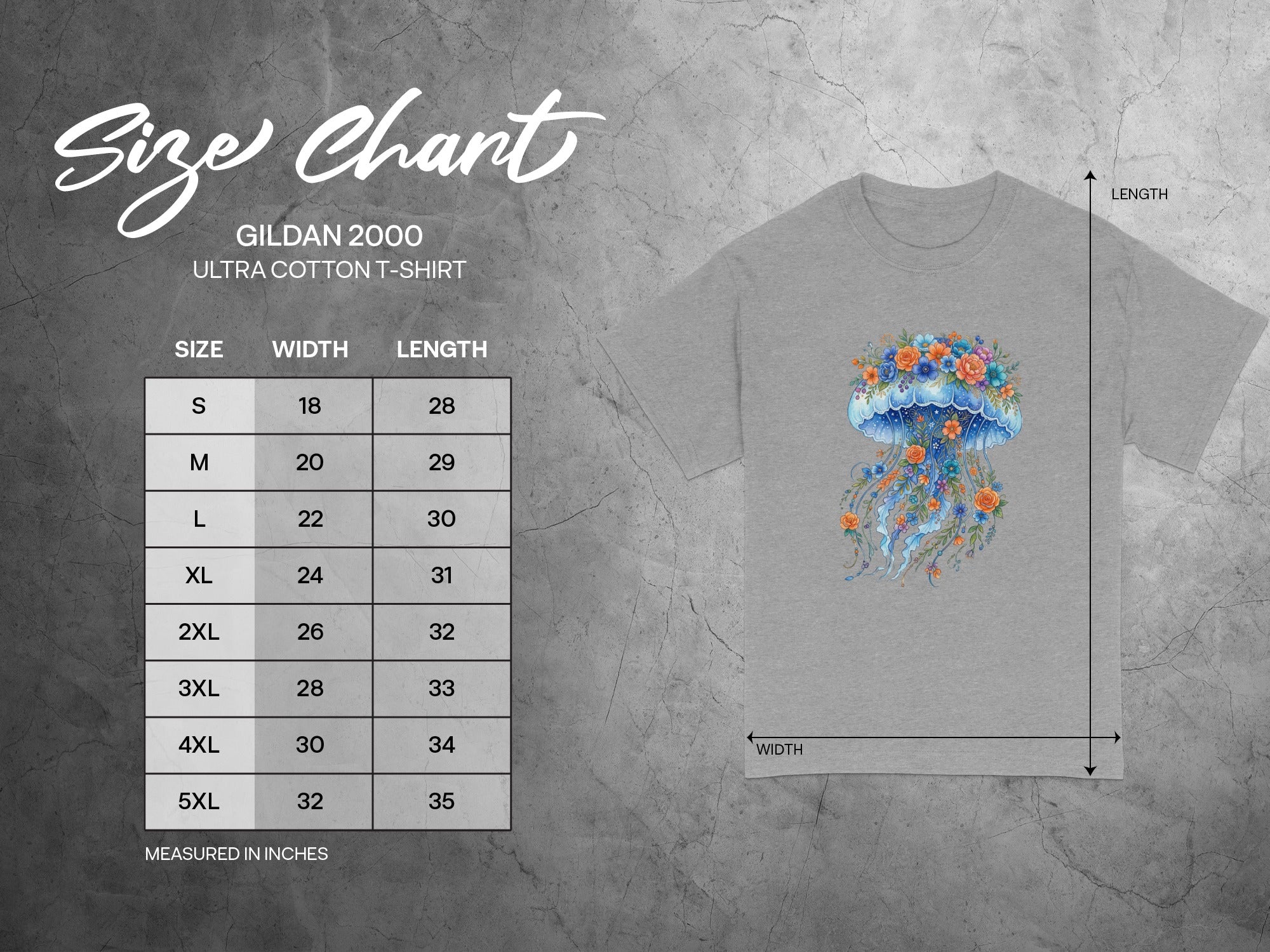 Gildan 2000 Ultra Cotton t-shirt size chart with measurements in inches.