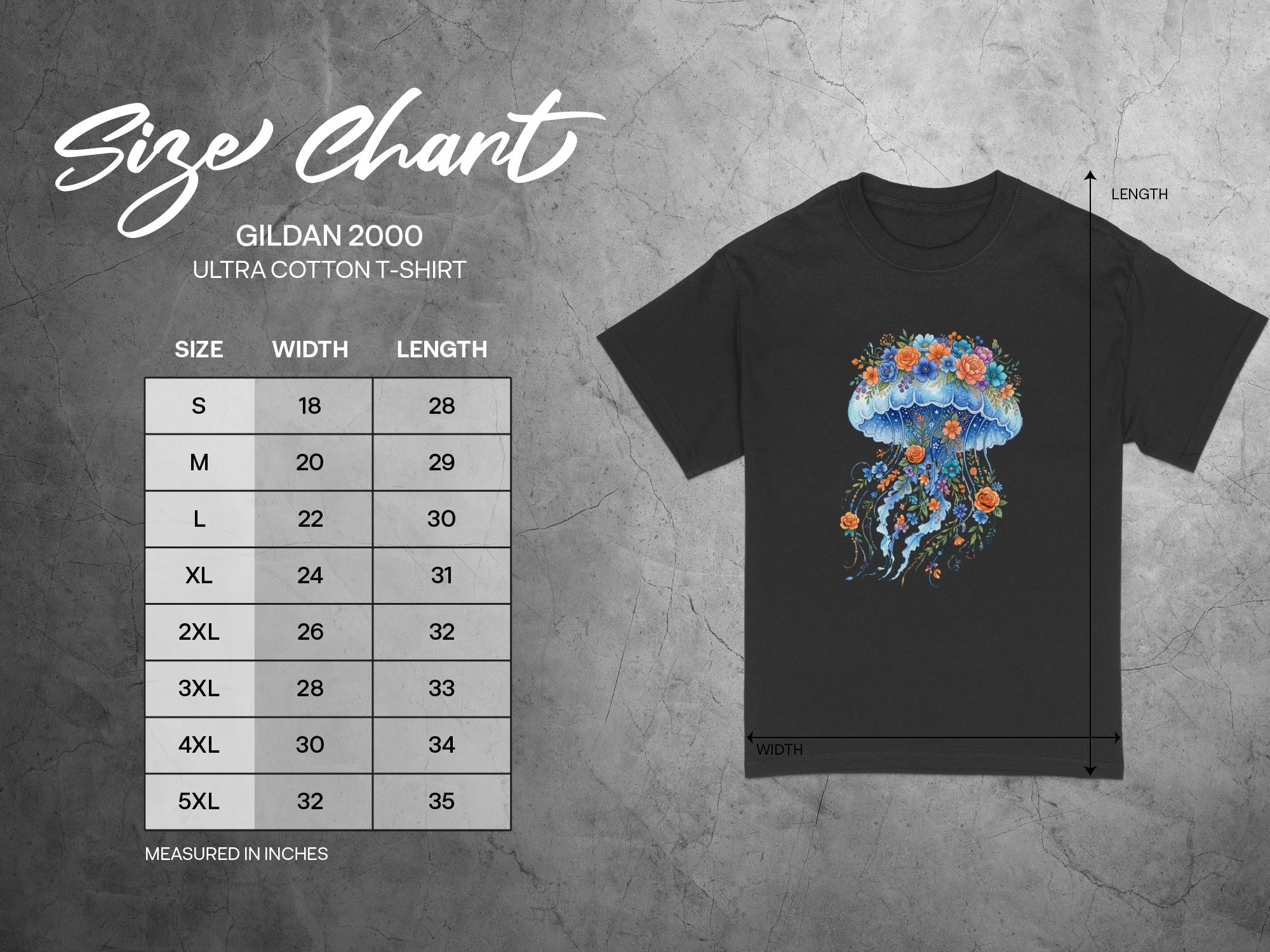 Gildan 2000 Ultra Cotton T-Shirt size chart with chest width and length measurements in inches.
