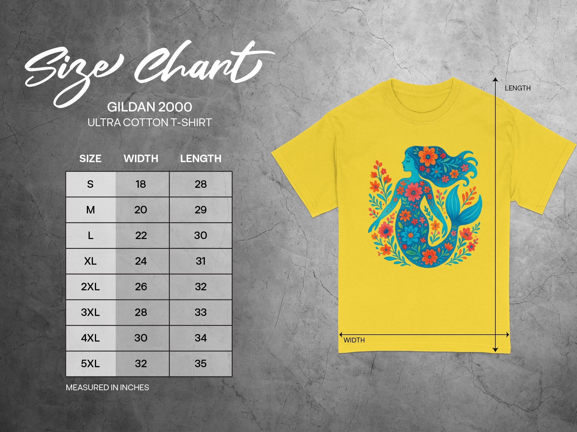 Gildan 2000 Ultra Cotton t-shirt size chart with mermaid graphic and measurements in inches.