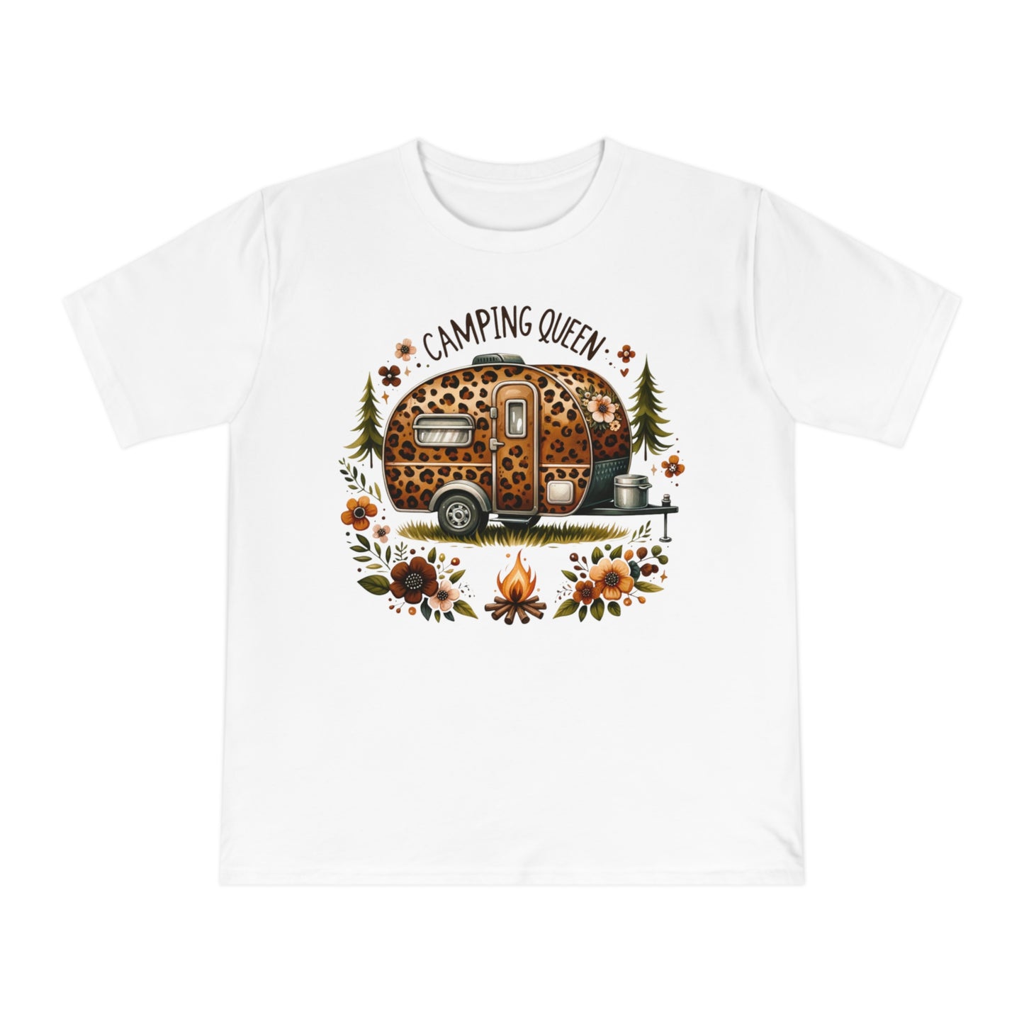 White t-shirt with "Camping Queen" text, a leopard print camper, trees, and flowers.