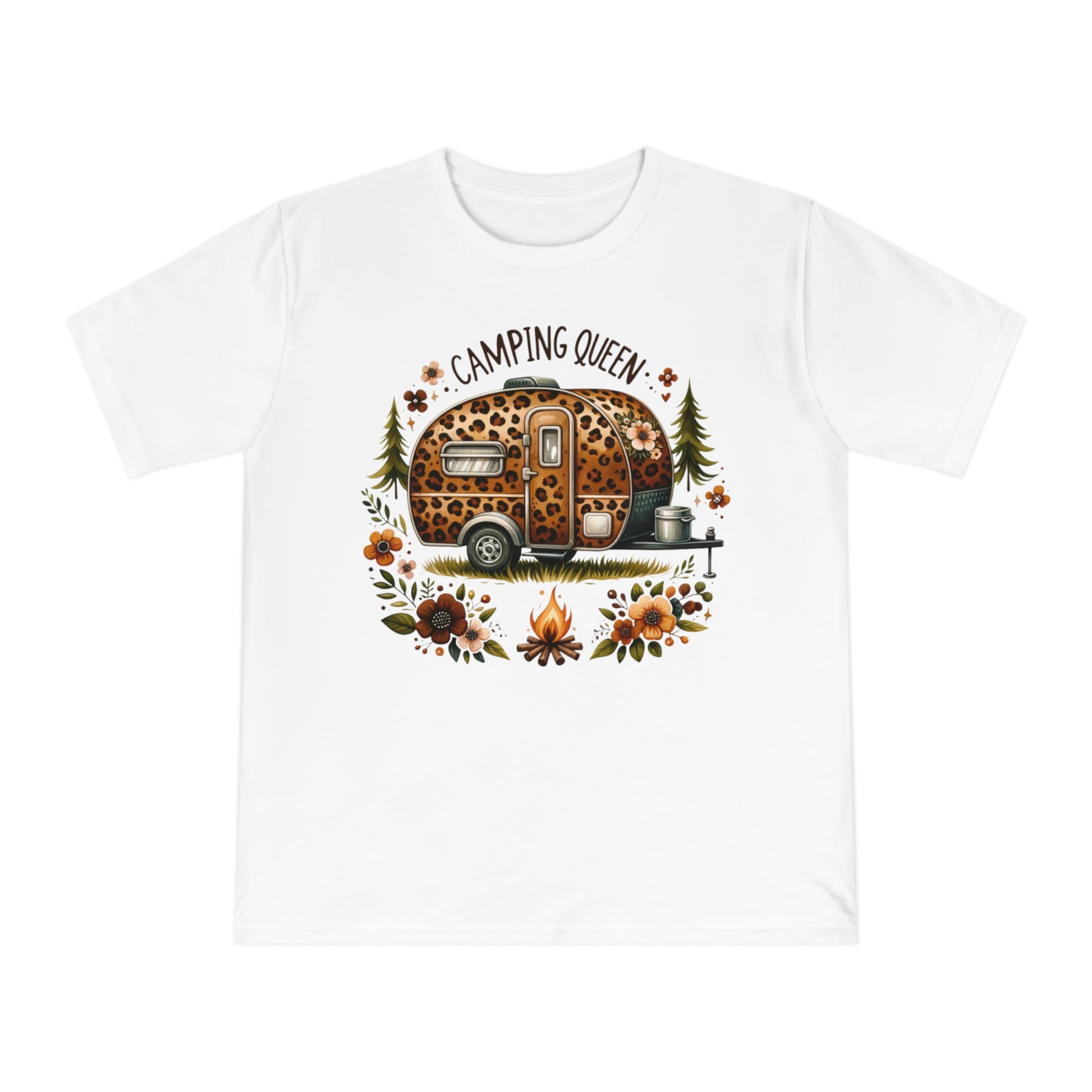 White t-shirt with "Camping Queen" text, a leopard print camper, trees, and flowers.
