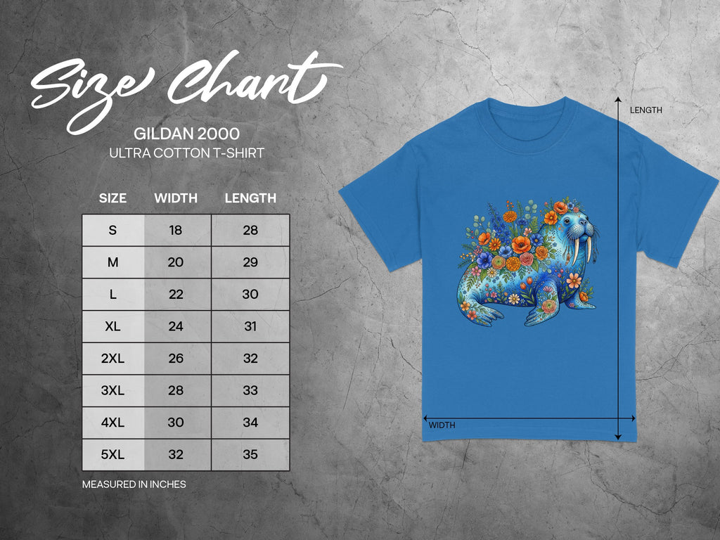 Gildan 2000 t-shirt size chart with floral walrus graphic and measurements in inches.