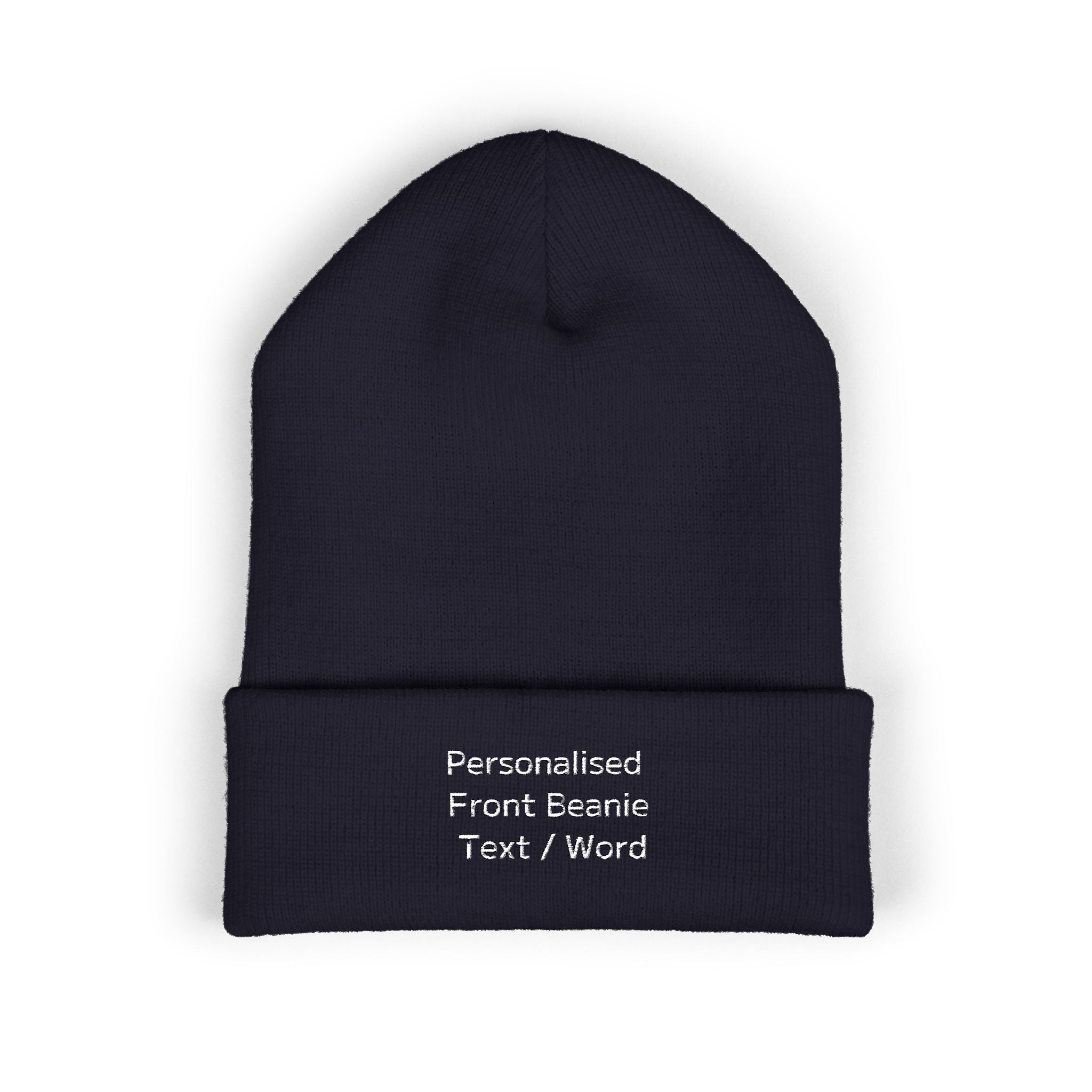 Dark blue knitted beanie with embroidered text "Personalised Front Beanie Text / Word".