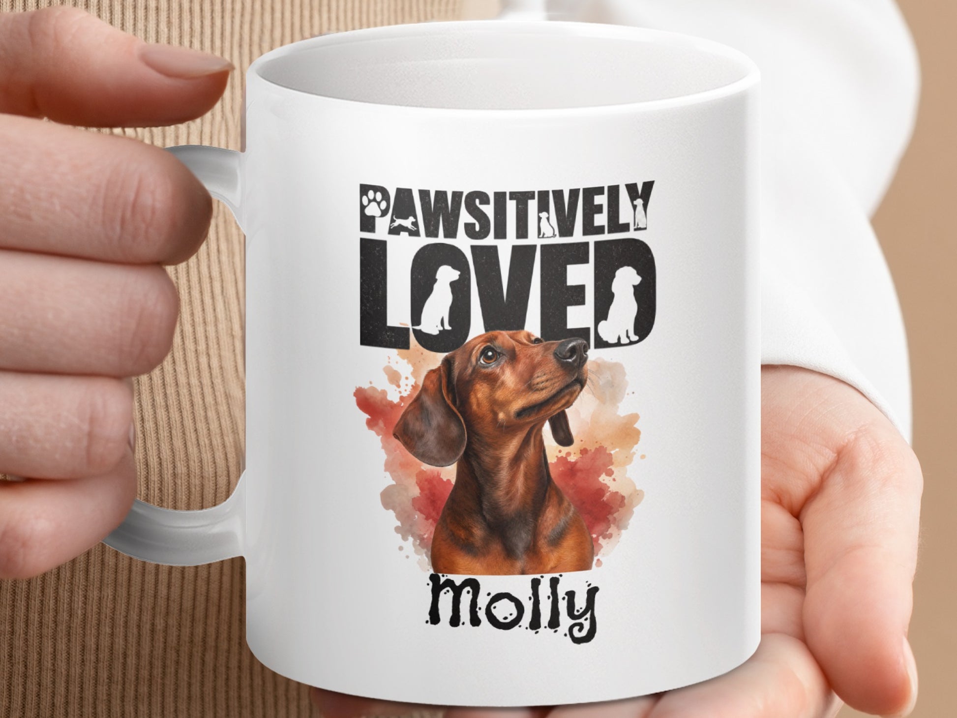 White mug featuring a dachshund and the words "Pawsitively Loved Molly".