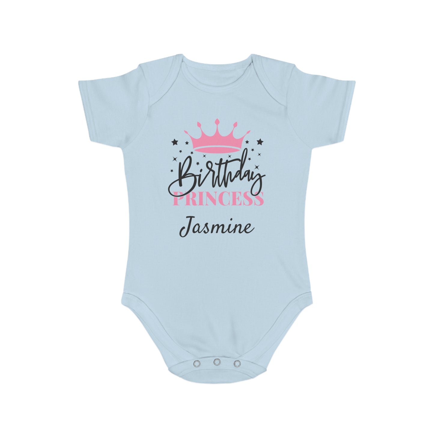 Light blue baby onesie with "Birthday Princess Jasmine" text and pink crown.