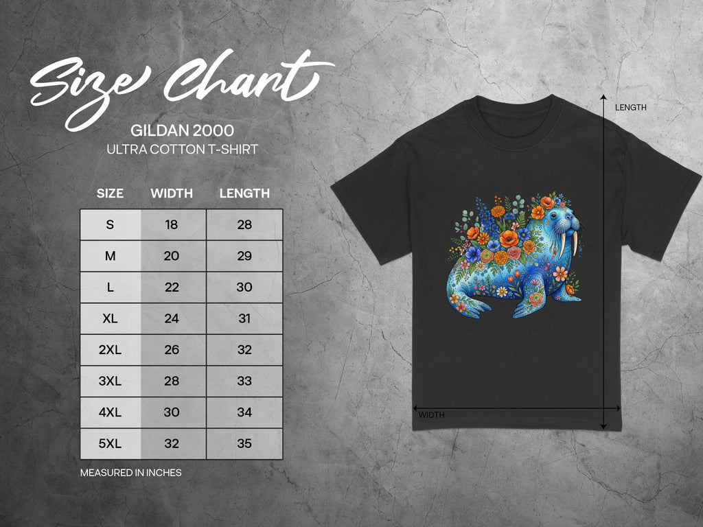 Gildan 2000 Ultra Cotton t-shirt size chart with floral walrus graphic.