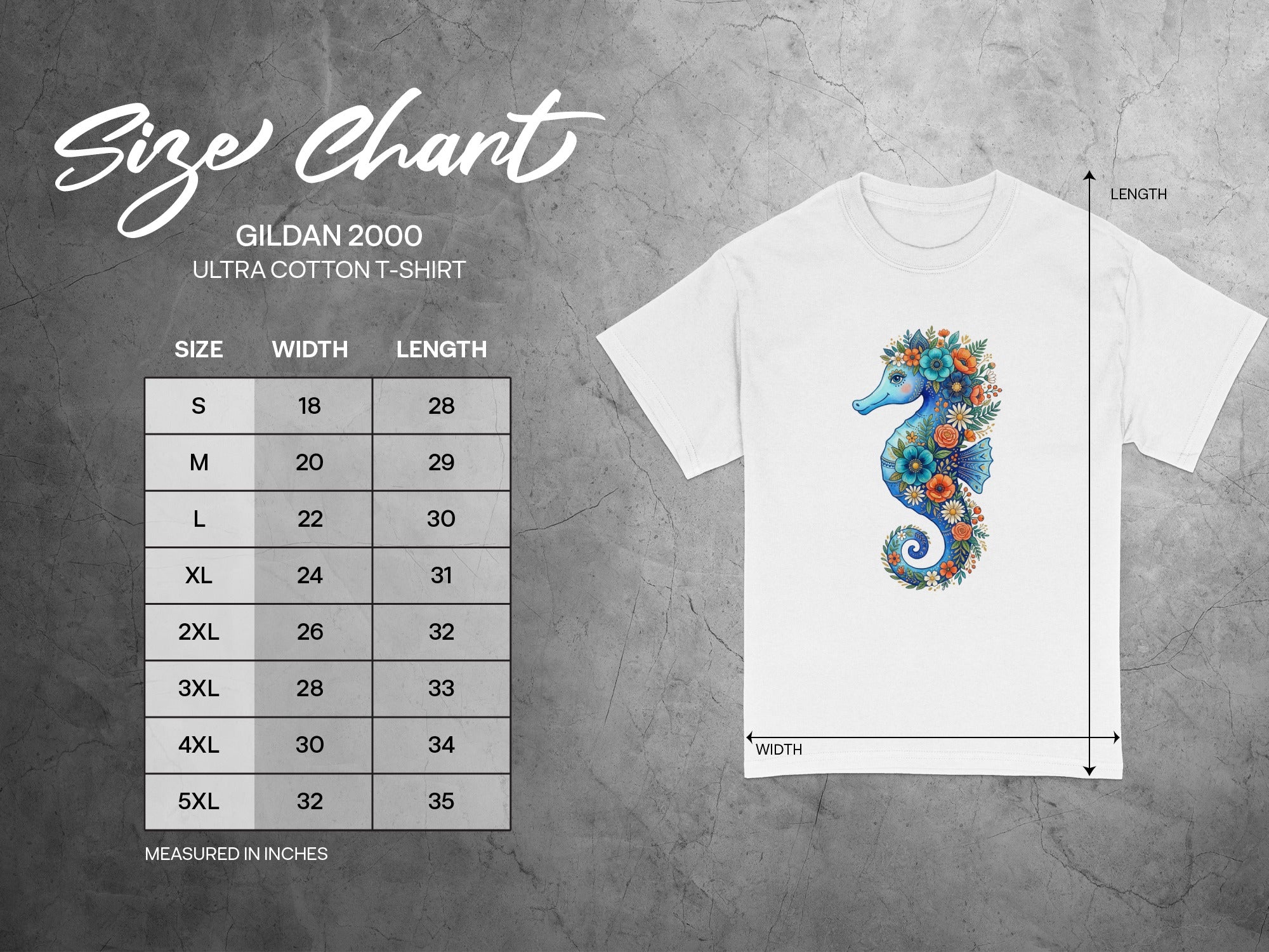 Gildan 2000 Ultra Cotton T-Shirt size chart with measurements in inches for width and length.