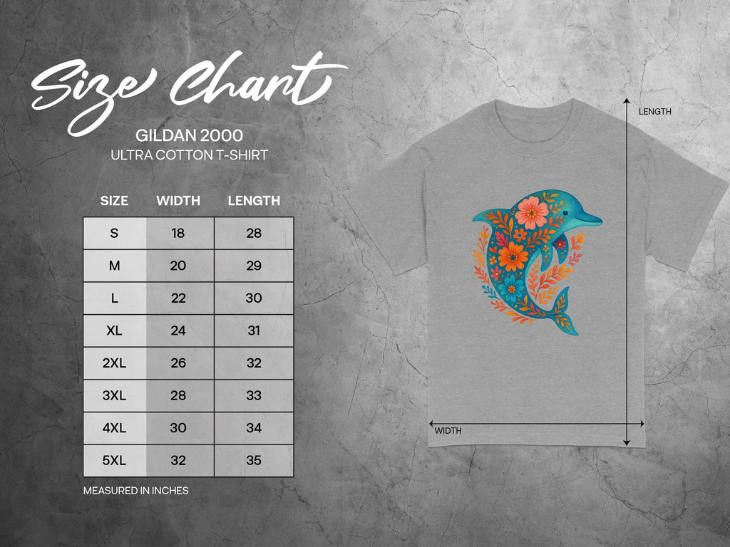 Gildan 2000 Ultra Cotton t-shirt size chart with measurements in inches.
